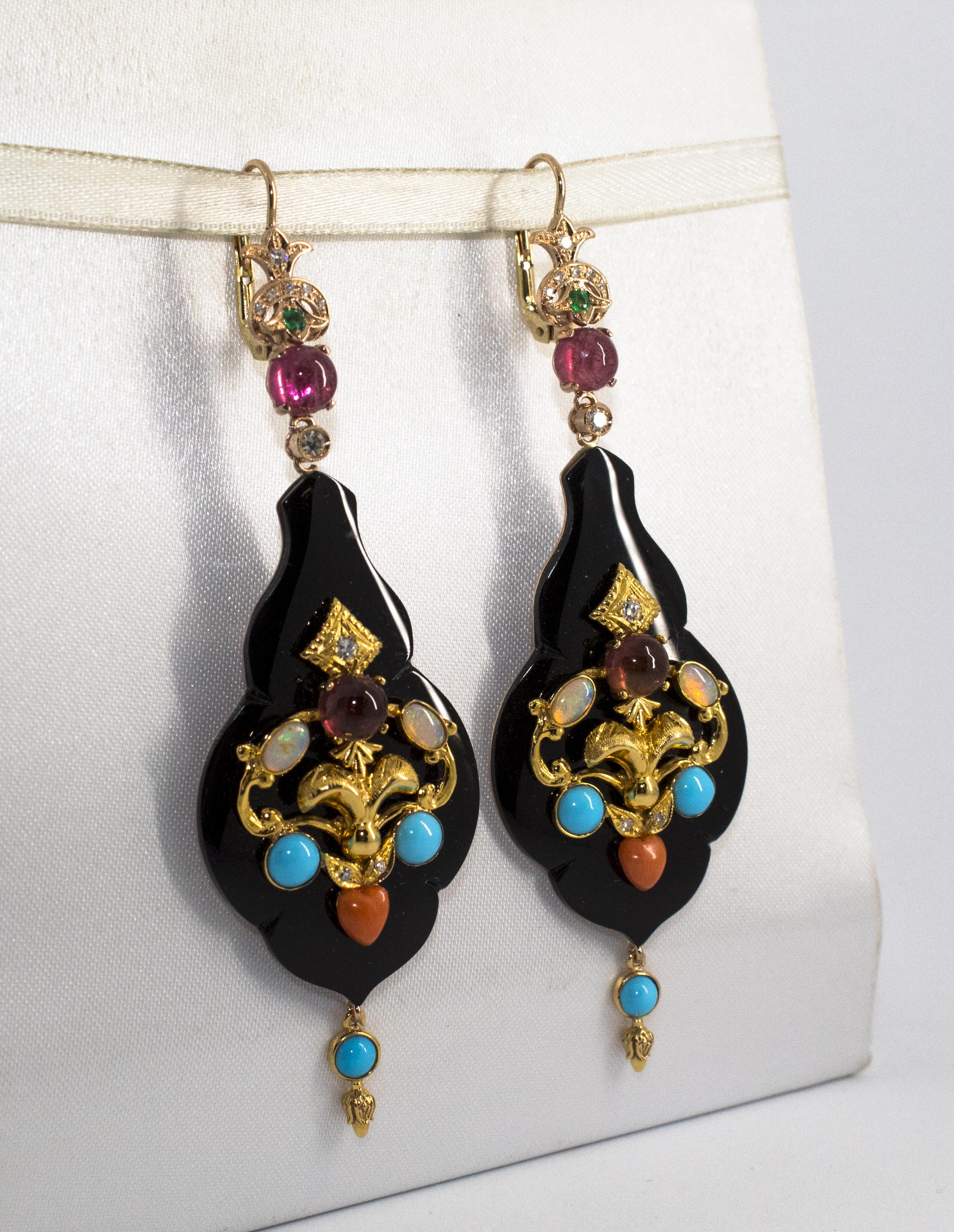 Women's or Men's White Diamond Emerald Opal Tourmaline Turquoise Coral Onyx Yellow Gold Earrings