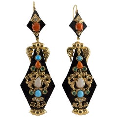 White Diamond Emerald Opal Turquoise Coral Onyx Yellow Gold Lever-Back Earrings