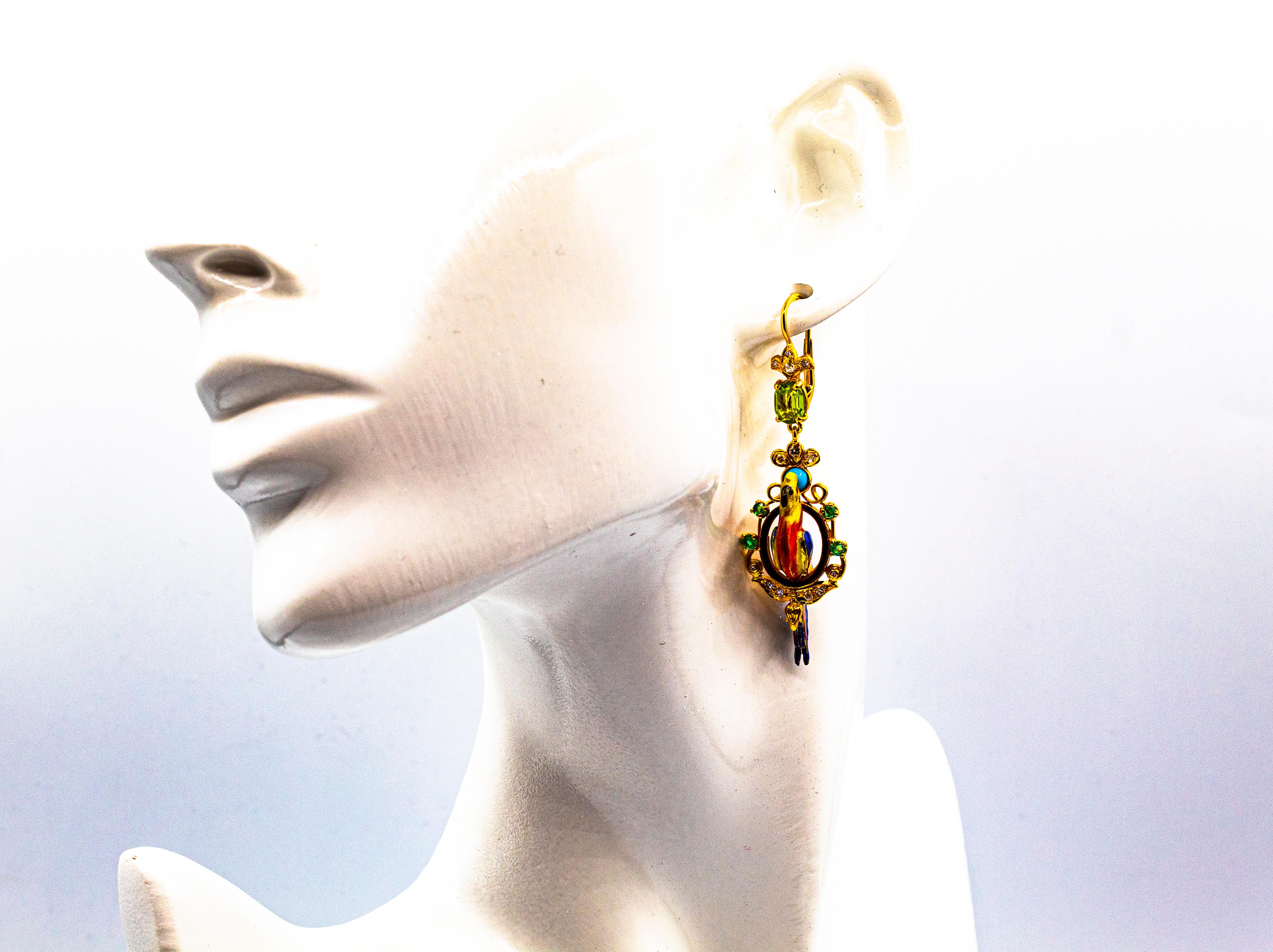 White Diamond Emerald Peridot Turquoise Pearl Enamel Yellow Gold Drop Earrings For Sale 5
