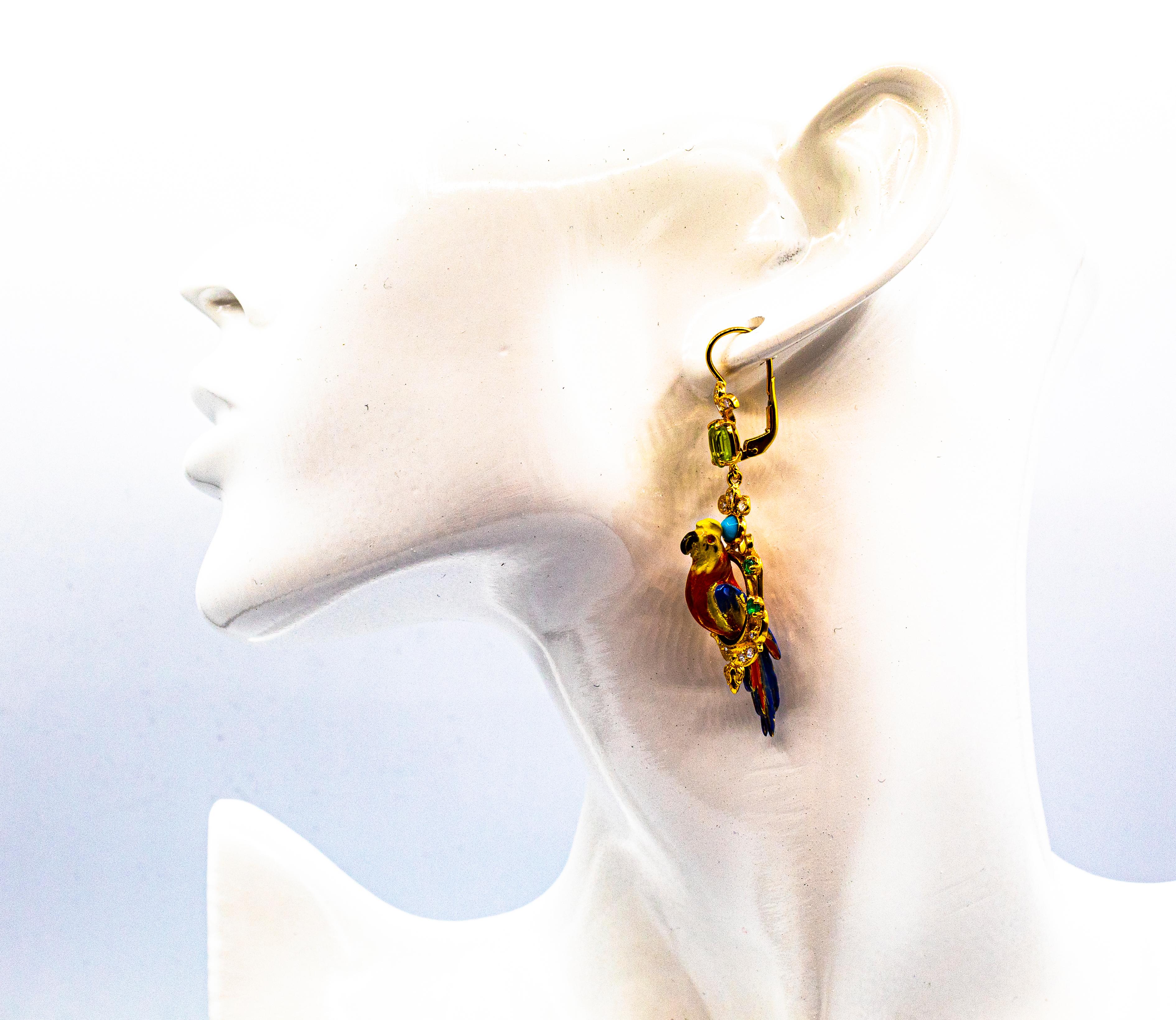 White Diamond Emerald Peridot Turquoise Pearl Enamel Yellow Gold Drop Earrings For Sale 6