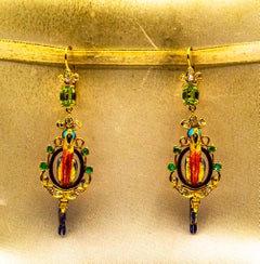 White Diamond Emerald Peridot Turquoise Pearl Enamel Yellow Gold Drop Earrings