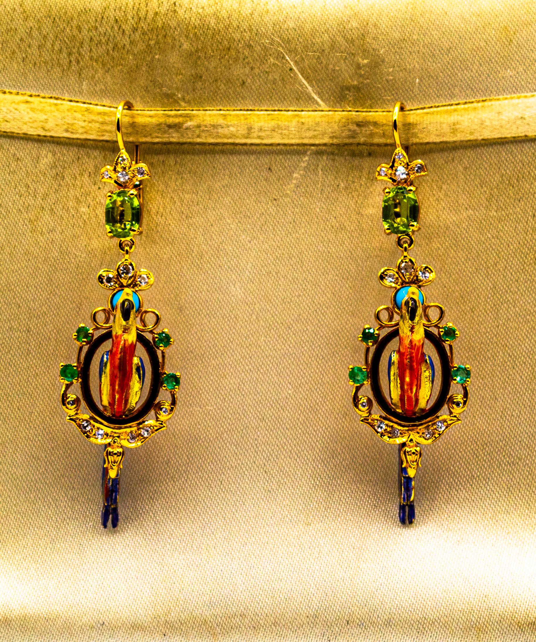 Art Nouveau White Diamond Emerald Peridot Turquoise Pearl Enamel Yellow Gold Drop Earrings For Sale