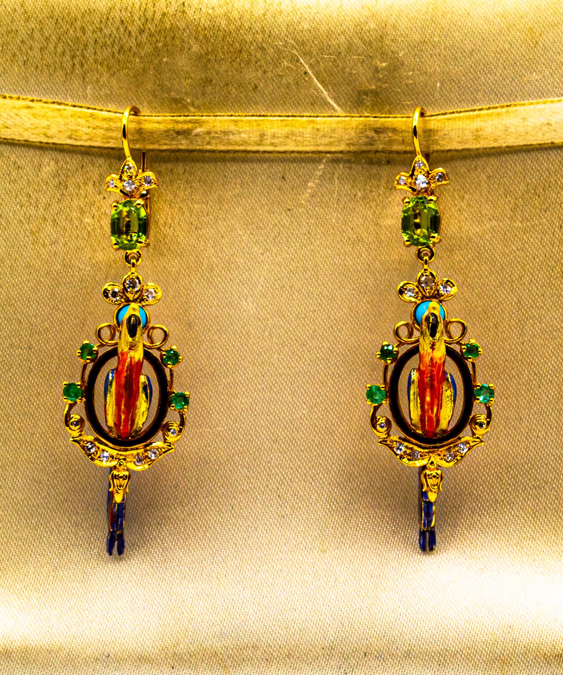Art Nouveau Whiting Diamante Smeraldo Peridoto Turchese Perla Smalto Oro Giallo Orecchini a goccia in vendita