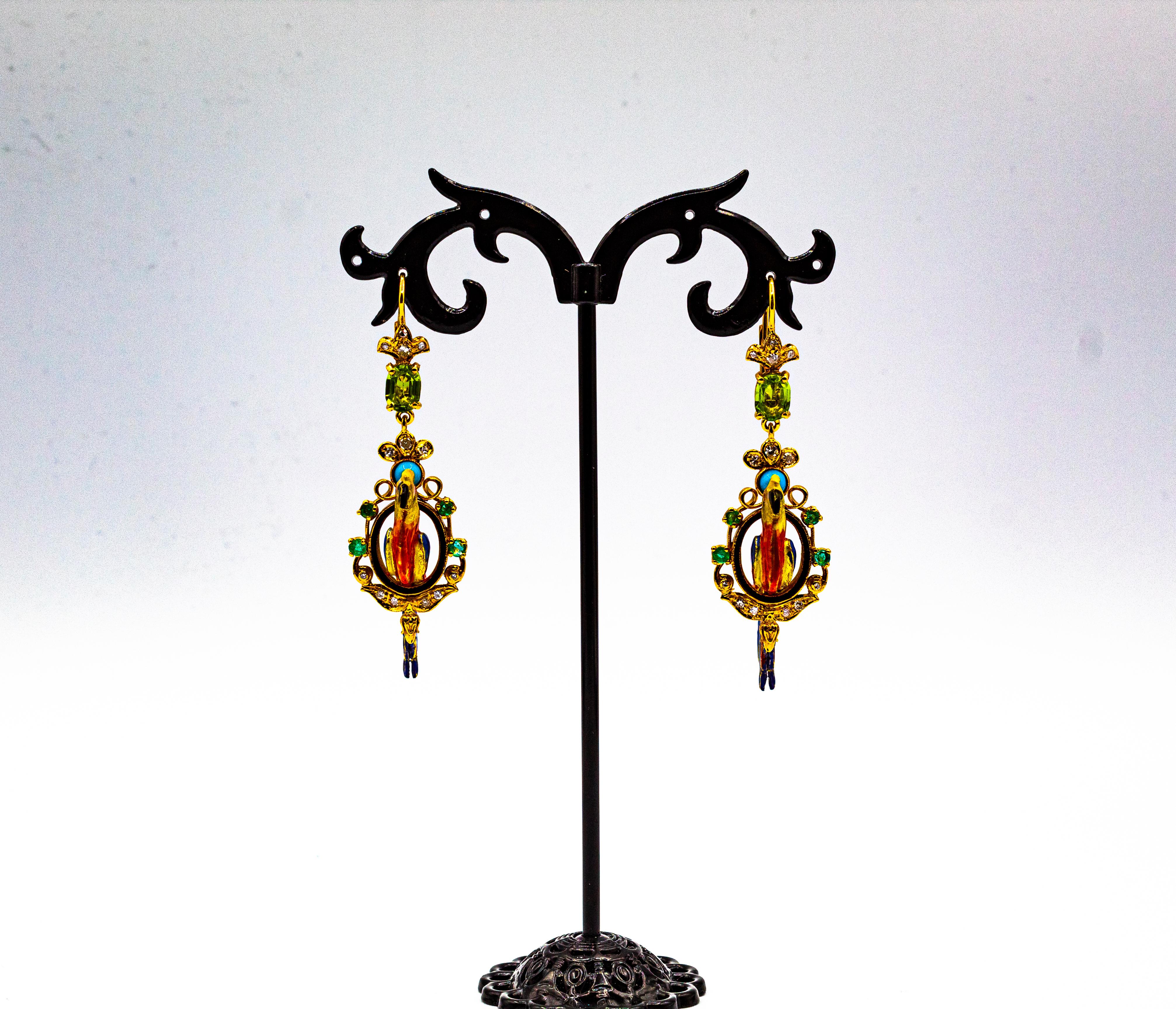Women's or Men's White Diamond Emerald Peridot Turquoise Pearl Enamel Yellow Gold Drop Earrings For Sale