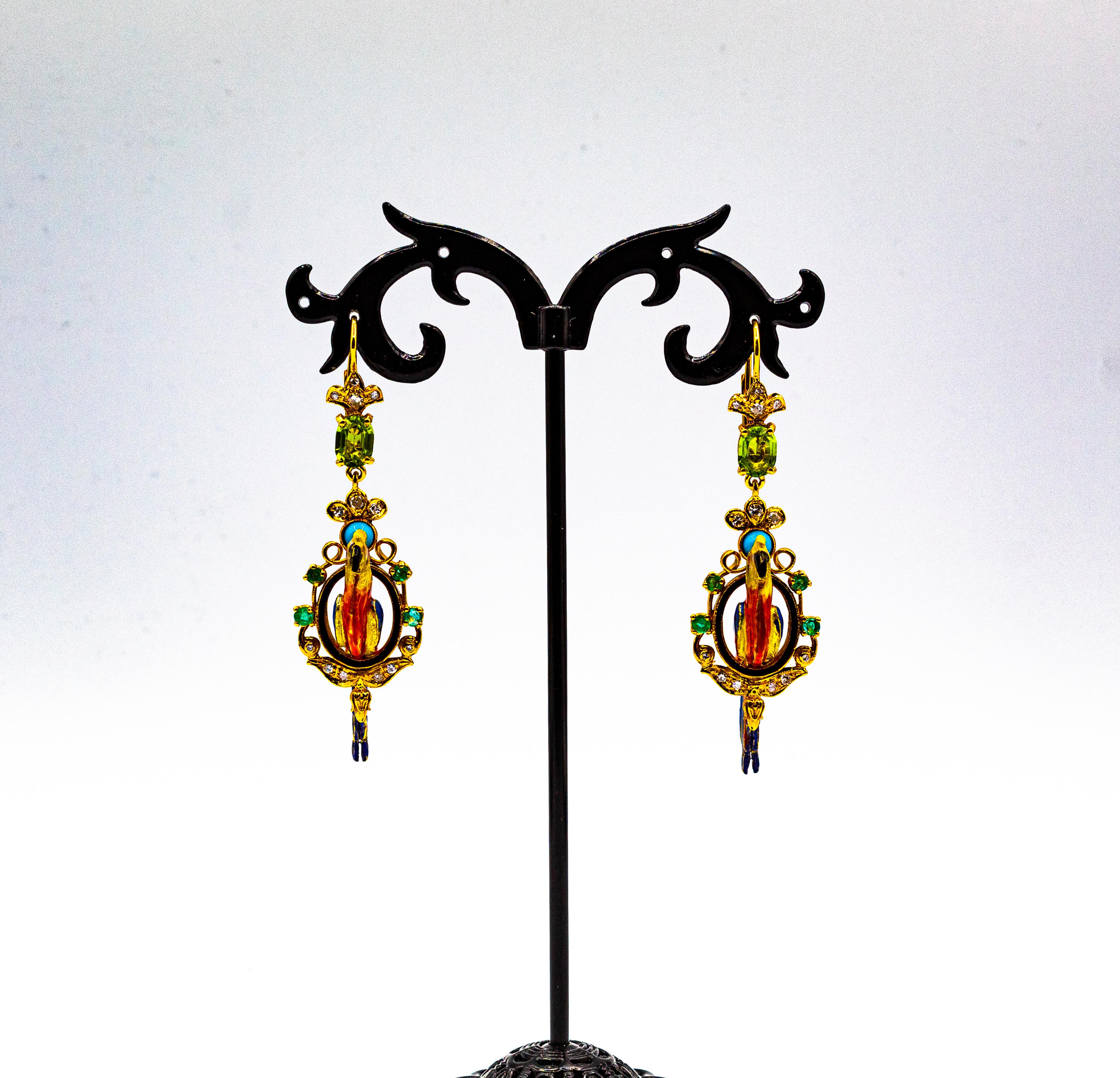 Whiting Diamante Smeraldo Peridoto Turchese Perla Smalto Oro Giallo Orecchini a goccia in vendita 1
