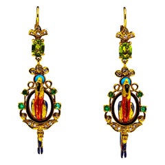 White Diamond Emerald Peridot Turquoise Pearl Enamel Yellow Gold Drop Earrings