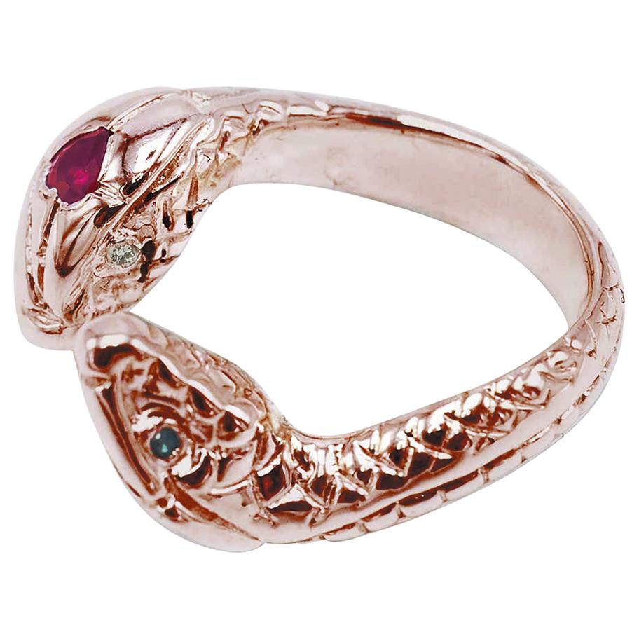 Rose Gold Snake Ring White Diamond Emerald  Heart Ruby Cocktail Ring J Dauphin For Sale