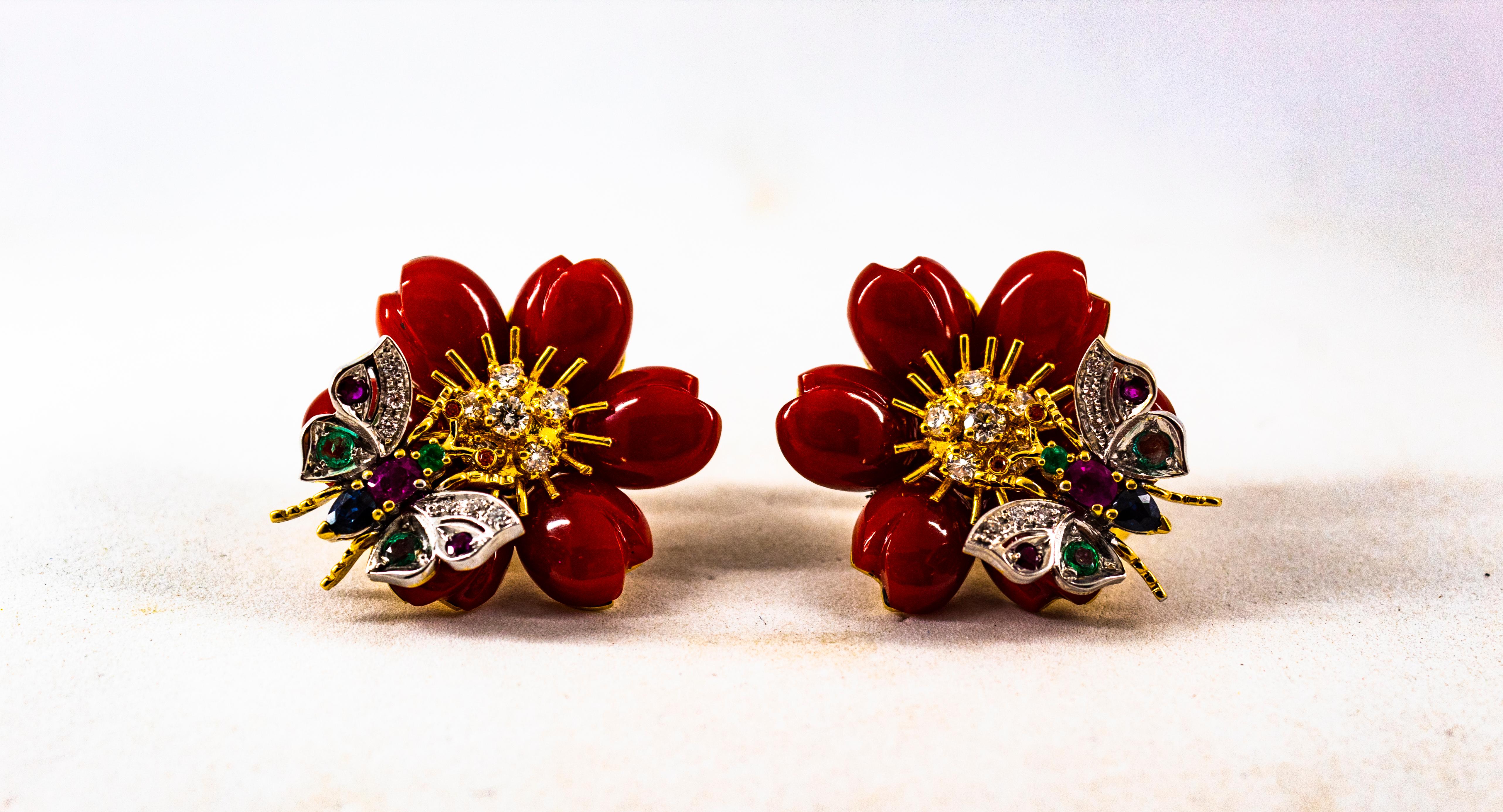 White Diamond Emerald Ruby Blue Sapphire Red Coral Yellow Gold Flowers Earrings For Sale 4