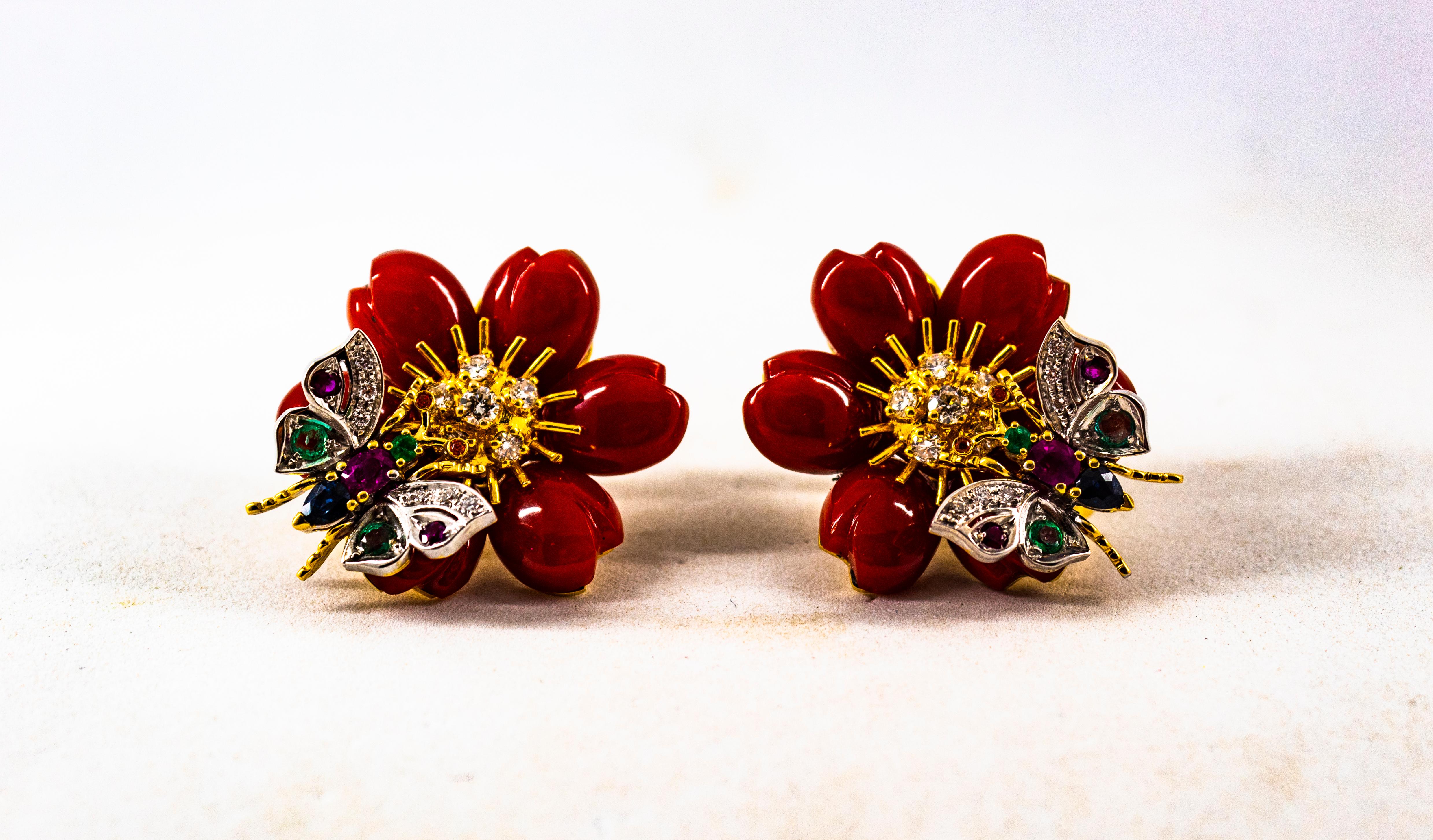 White Diamond Emerald Ruby Blue Sapphire Red Coral Yellow Gold Flowers Earrings For Sale 2