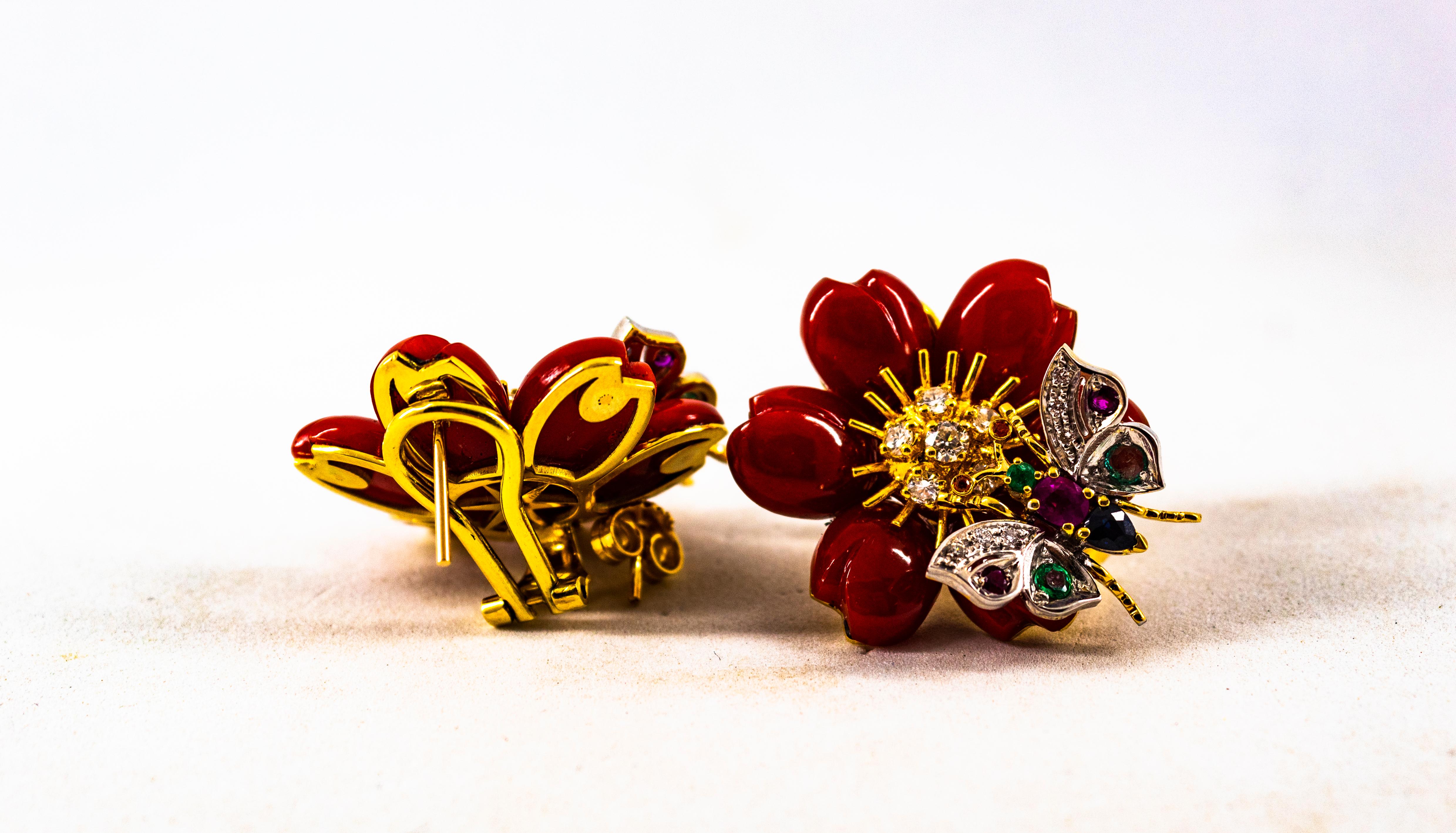 Weißer Diamant Smaragd Rubin Blauer Saphir Rote Koralle Gelbgold Blumenohrringe im Angebot 6