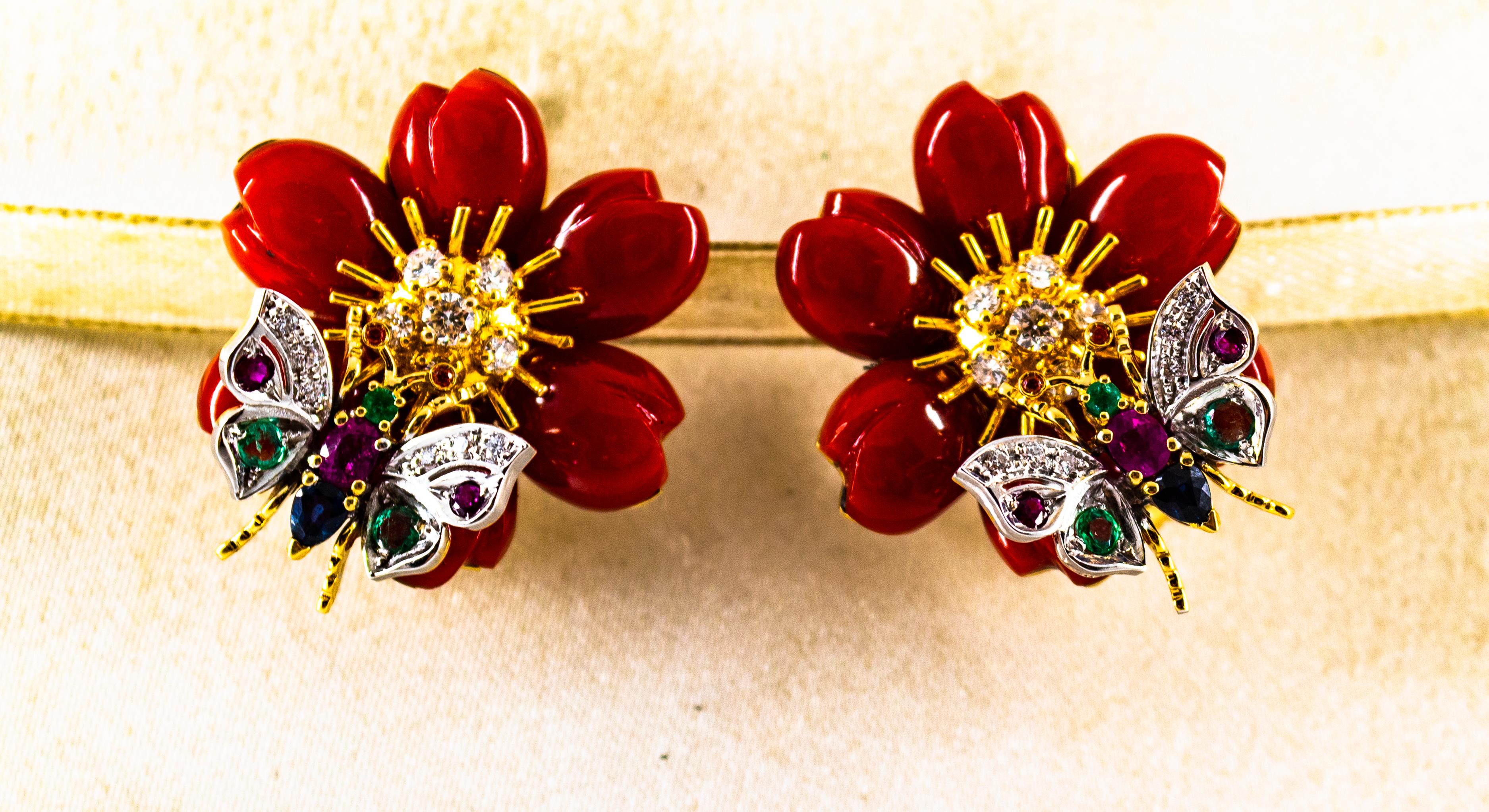 White Diamond Emerald Ruby Blue Sapphire Red Coral Yellow Gold Flowers Earrings 6