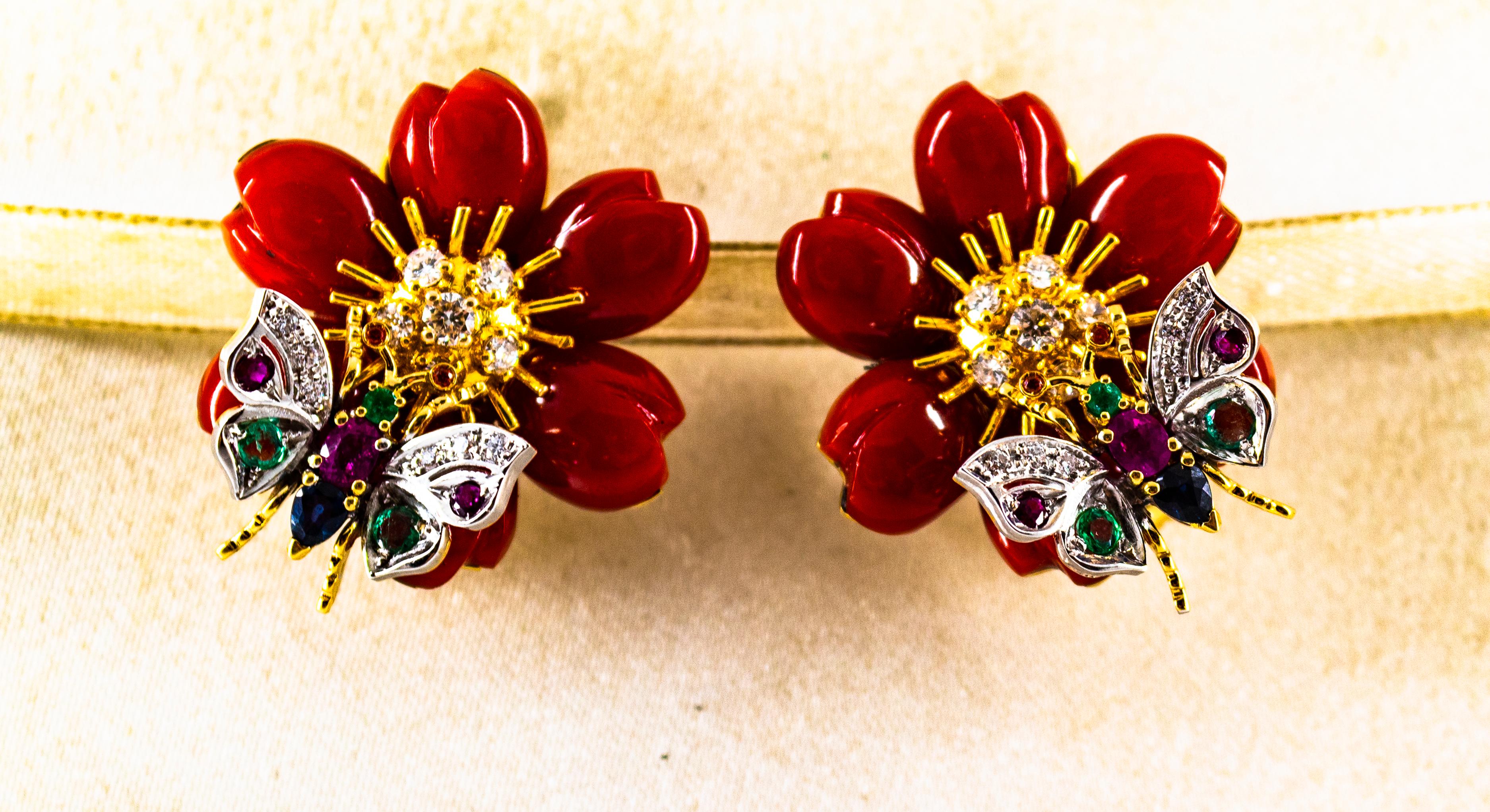 White Diamond Emerald Ruby Blue Sapphire Red Coral Yellow Gold Flowers Earrings For Sale 7