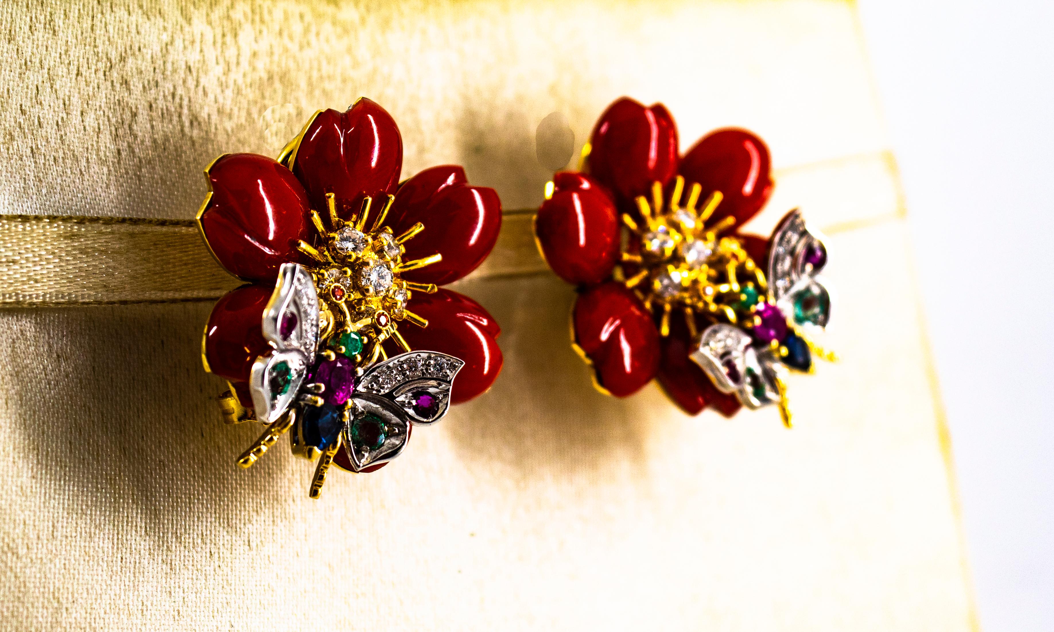 White Diamond Emerald Ruby Blue Sapphire Red Coral Yellow Gold Flowers Earrings For Sale 5