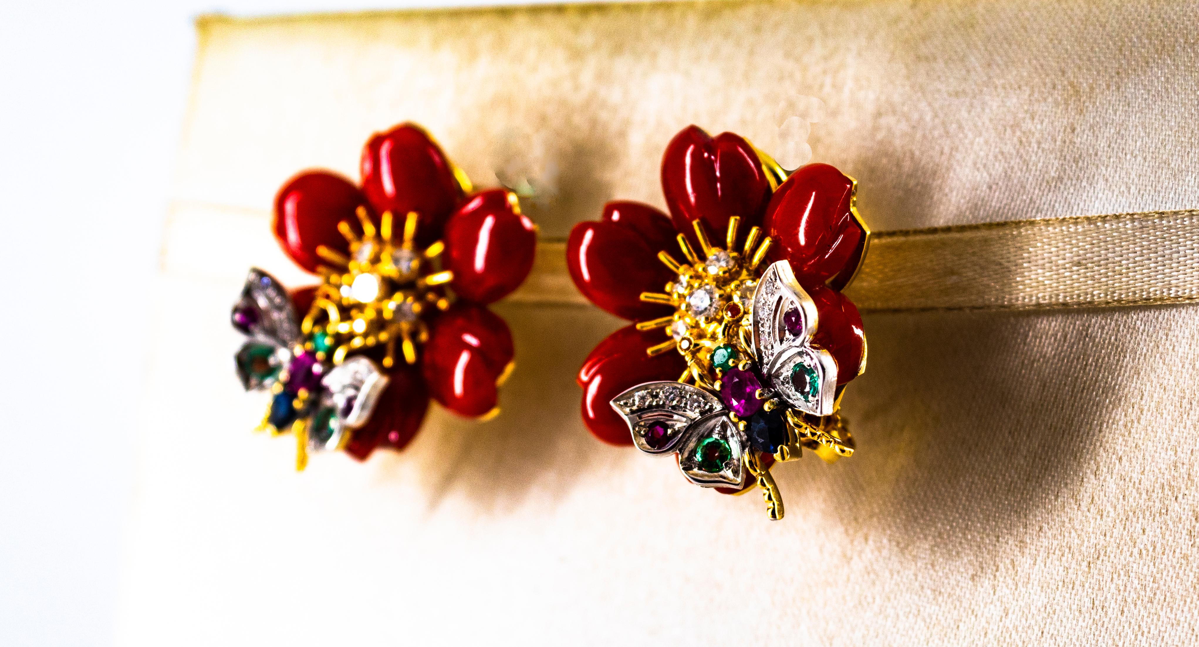 White Diamond Emerald Ruby Blue Sapphire Red Coral Yellow Gold Flowers Earrings For Sale 9