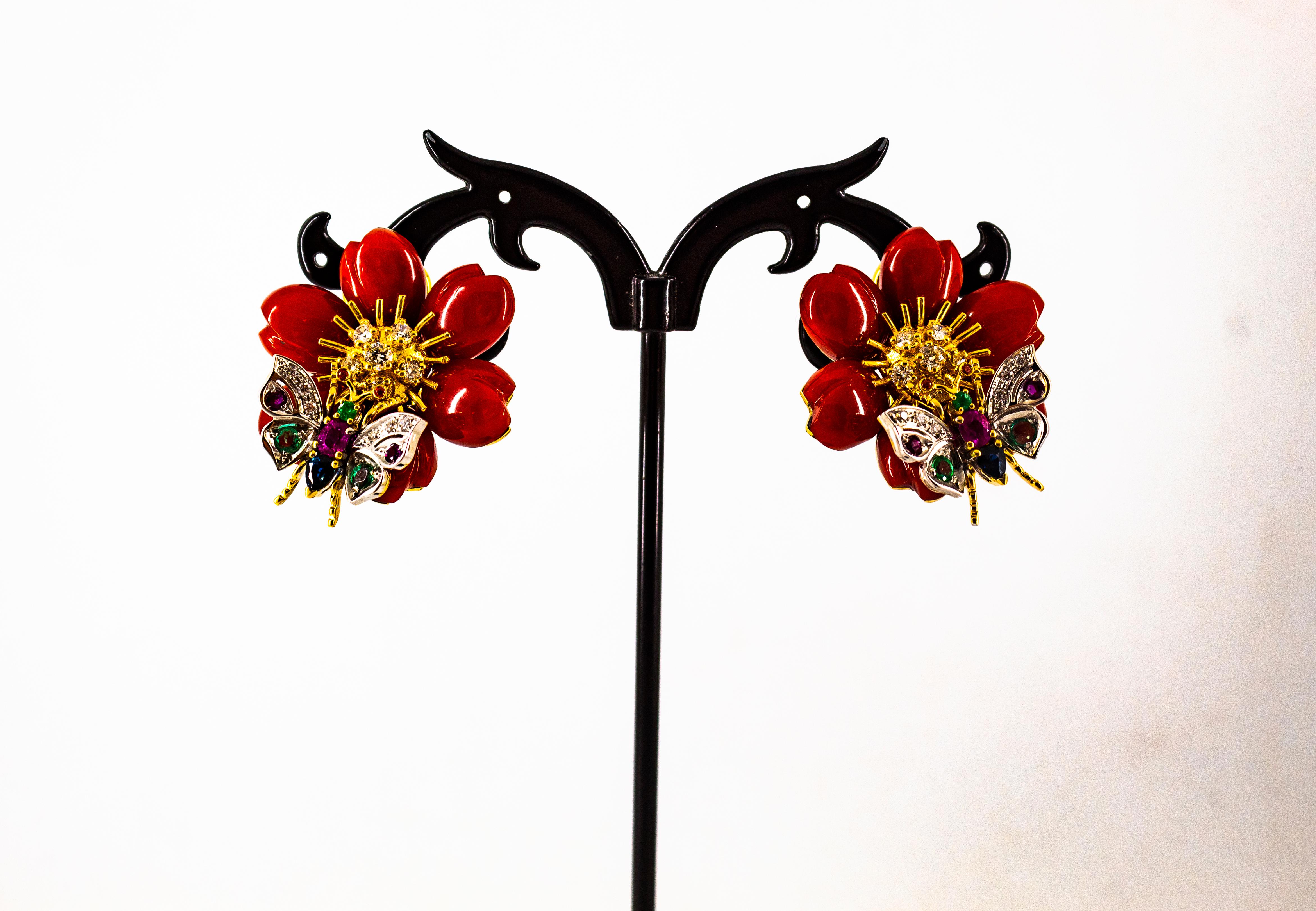 Weißer Diamant Smaragd Rubin Blauer Saphir Rote Koralle Gelbgold Blumenohrringe im Angebot 10