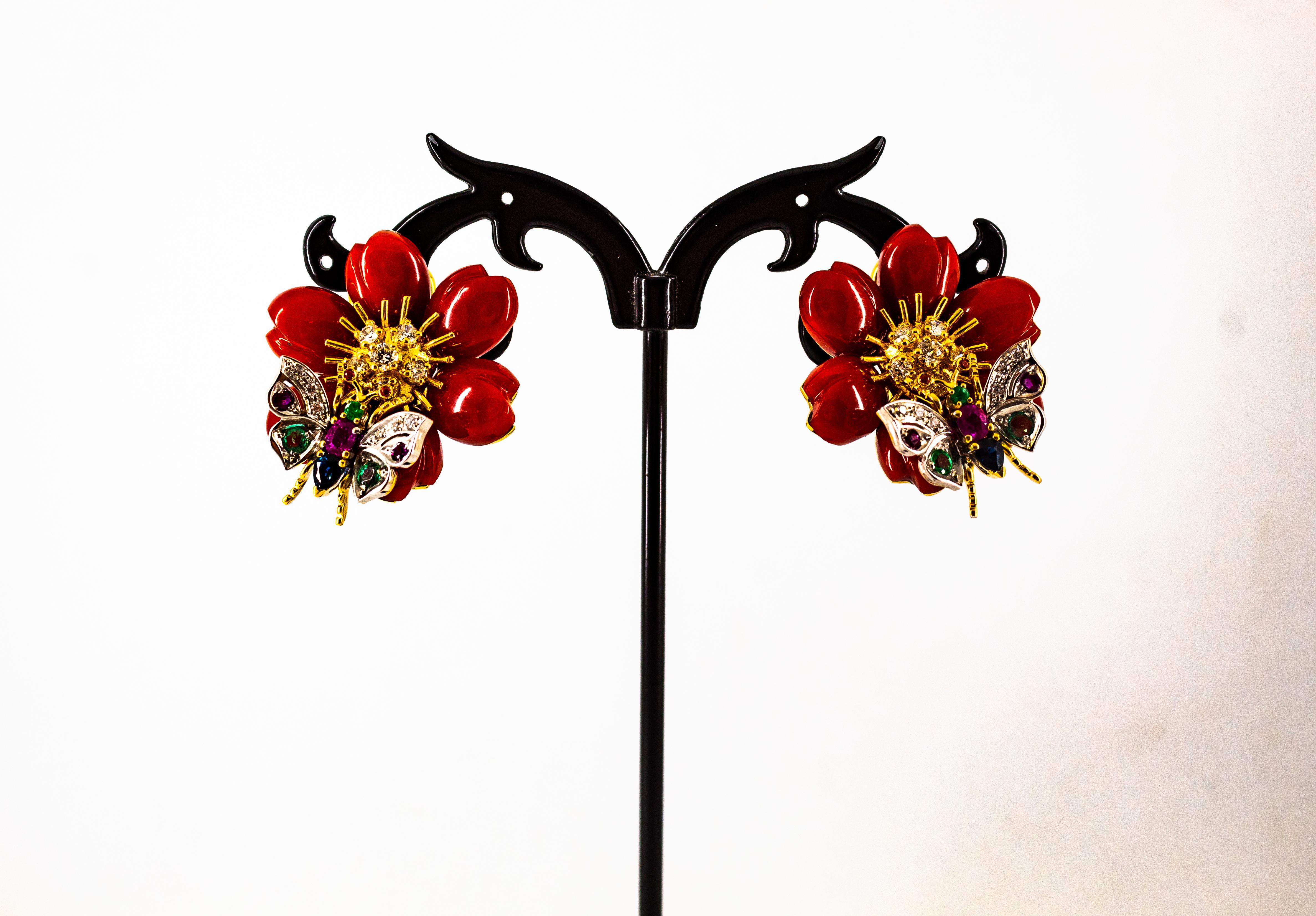 White Diamond Emerald Ruby Blue Sapphire Red Coral Yellow Gold Flowers Earrings For Sale 11
