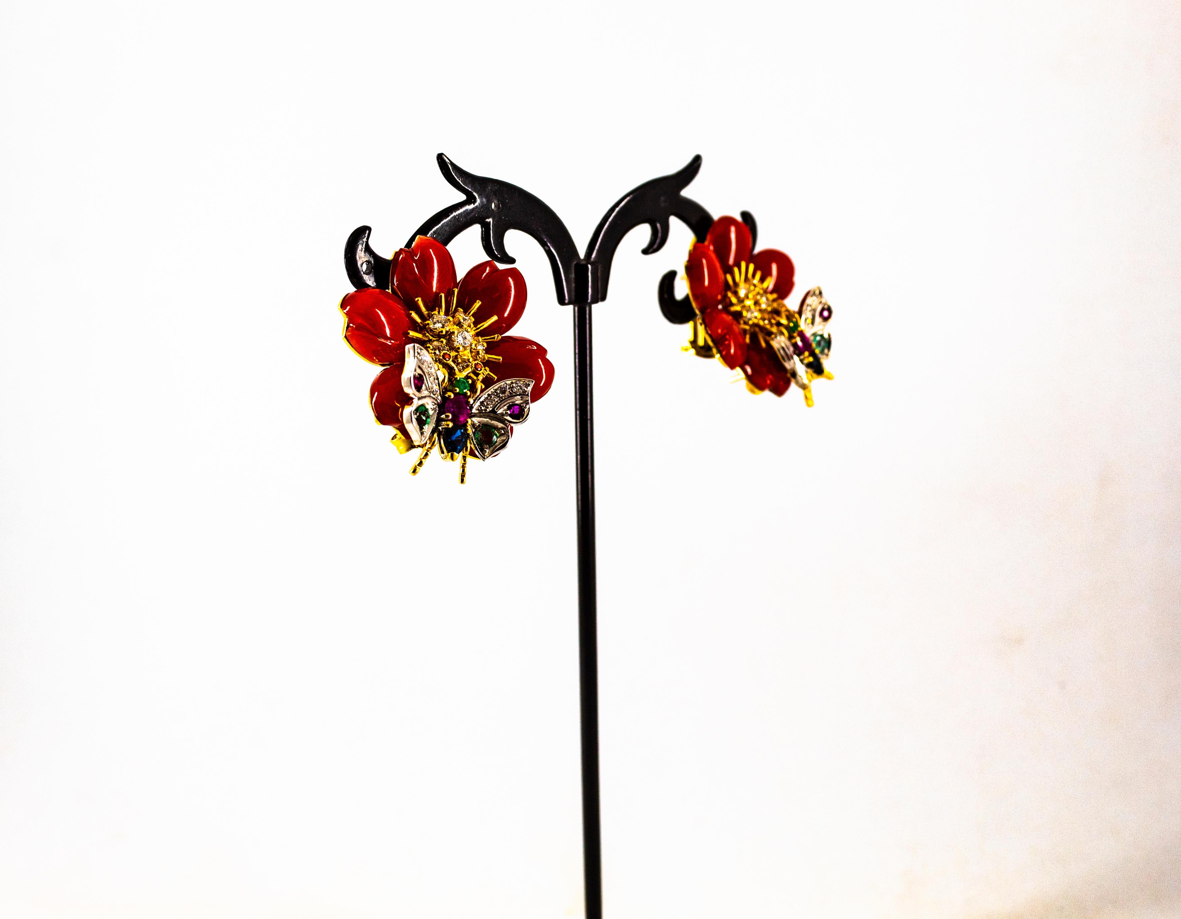 White Diamond Emerald Ruby Blue Sapphire Red Coral Yellow Gold Flowers Earrings For Sale 12
