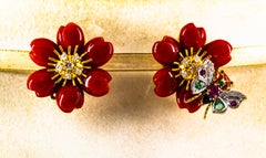 White Diamond Emerald Ruby Blue Sapphire Red Coral Yellow Gold Flowers Earrings