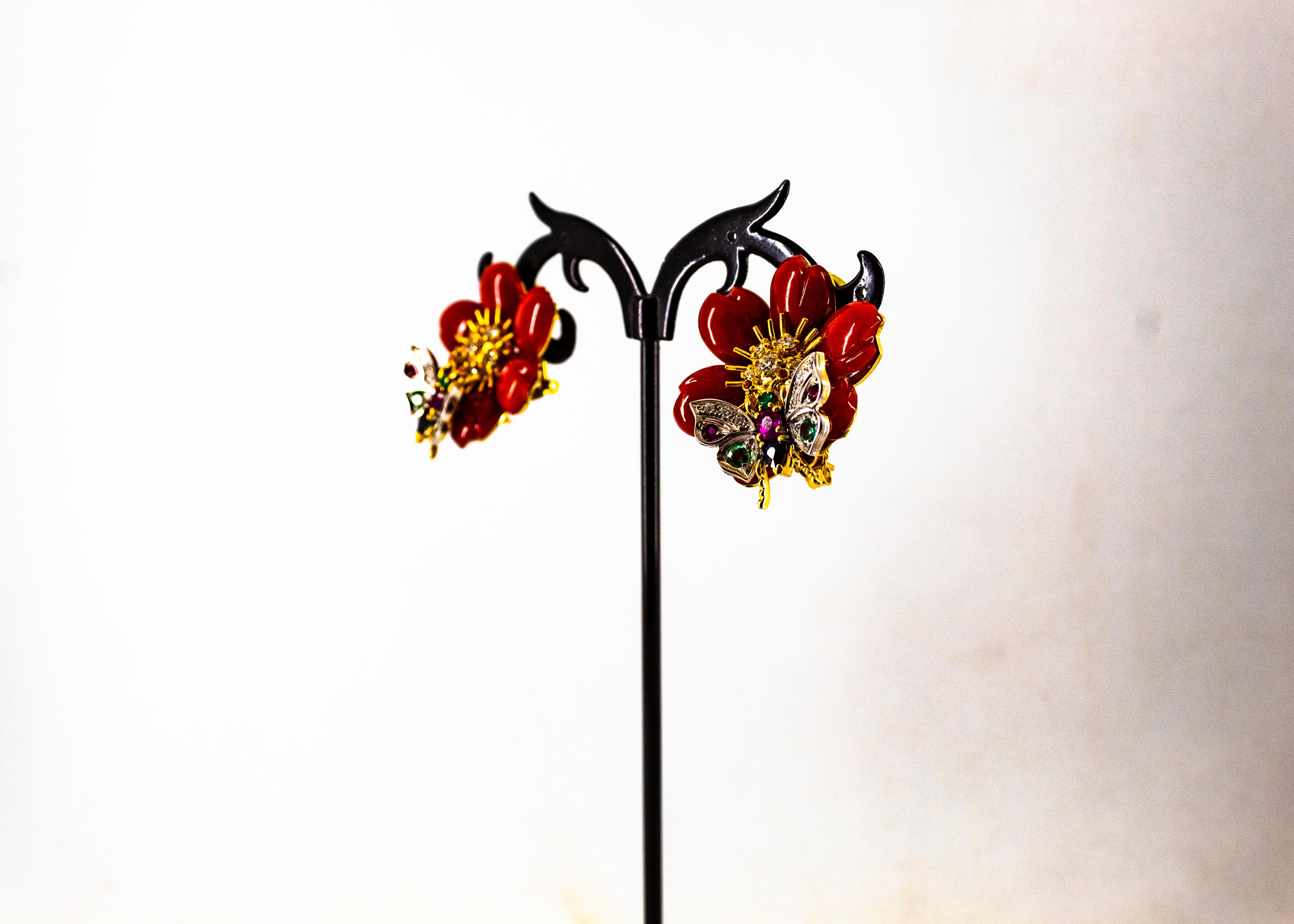 Weißer Diamant Smaragd Rubin Blauer Saphir Rote Koralle Gelbgold Blumenohrringe im Angebot 14