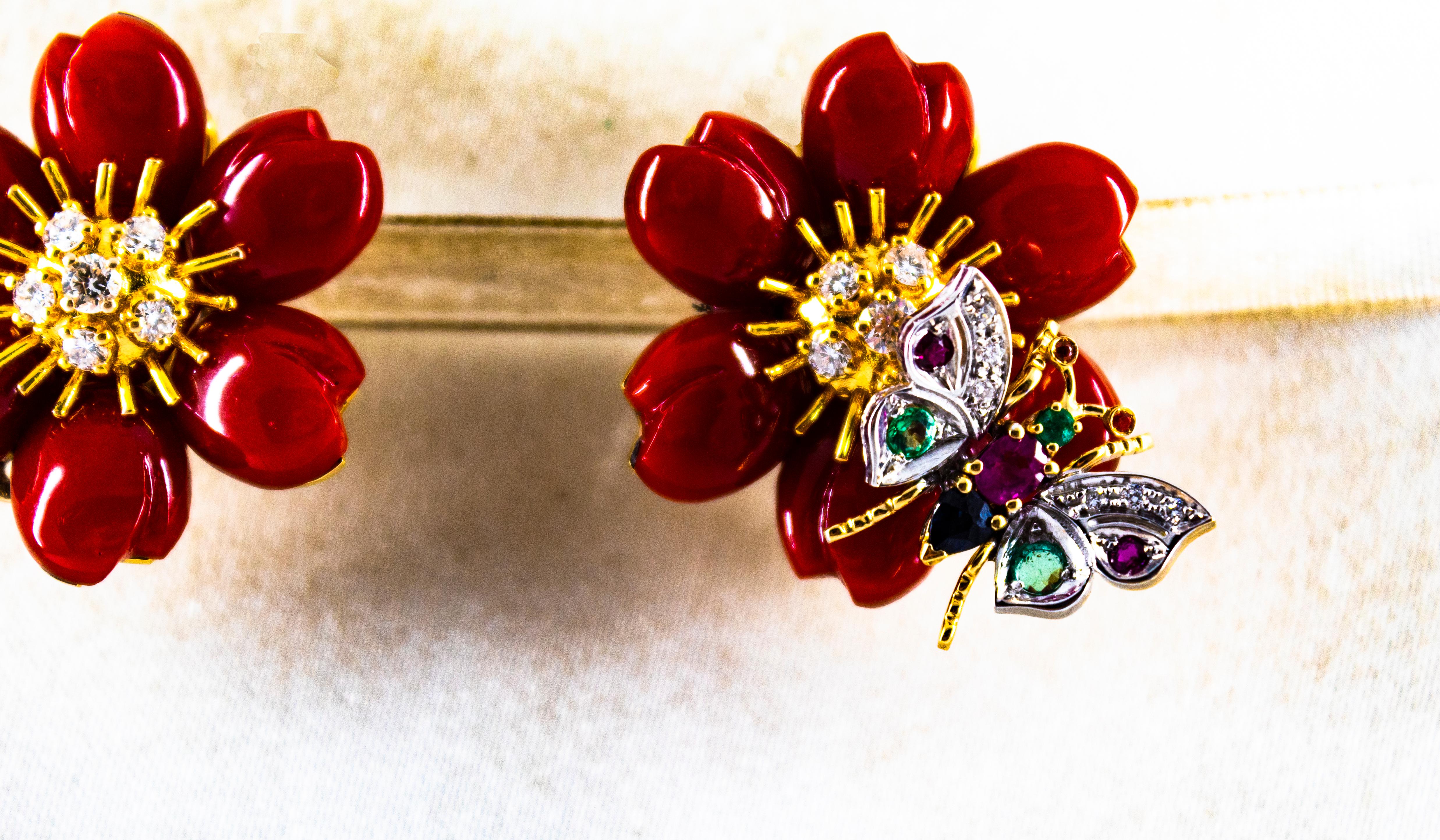 Art Nouveau White Diamond Emerald Ruby Blue Sapphire Red Coral Yellow Gold Flowers Earrings For Sale