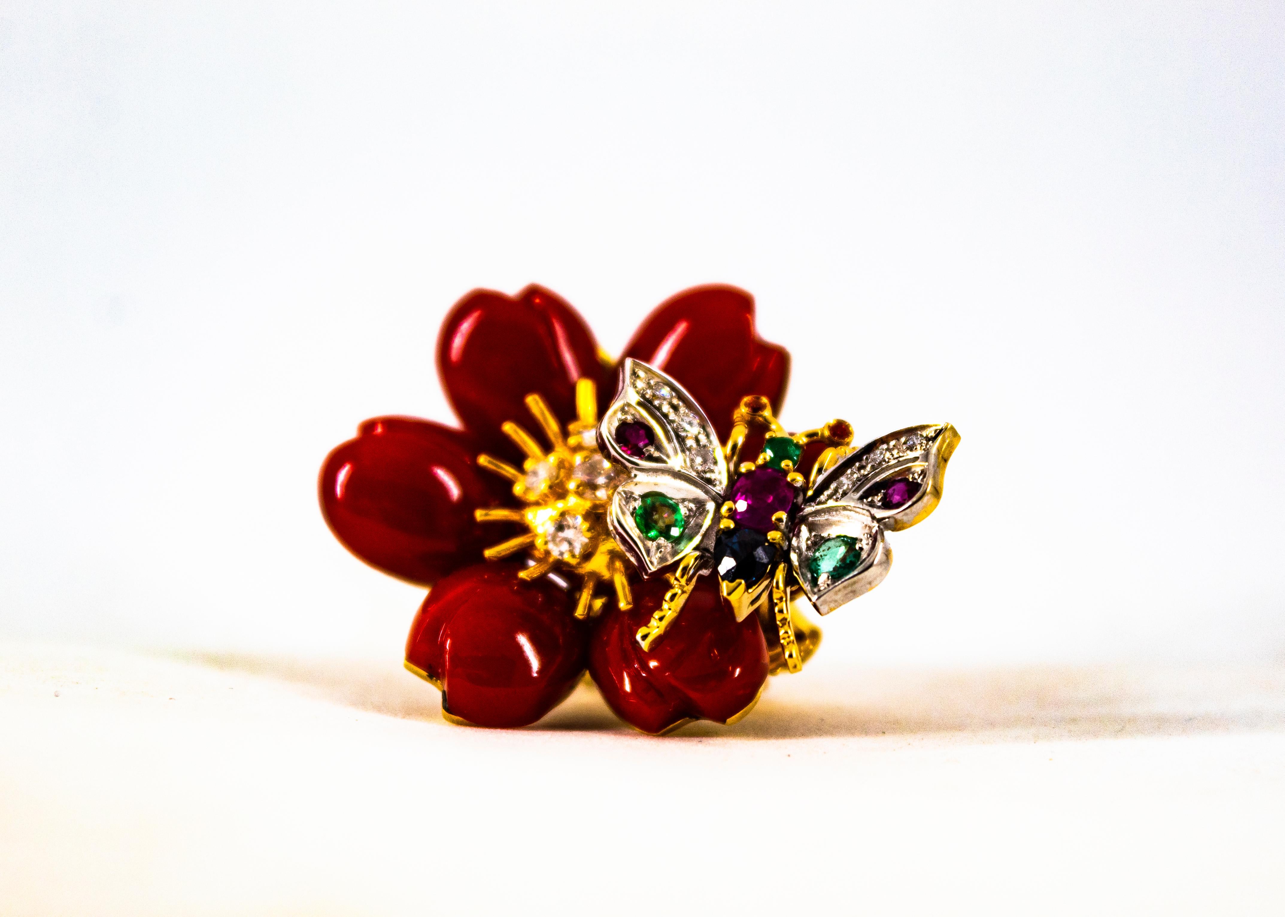 Art Nouveau White Diamond Emerald Ruby Blue Sapphire Red Coral Yellow Gold Flowers Earrings