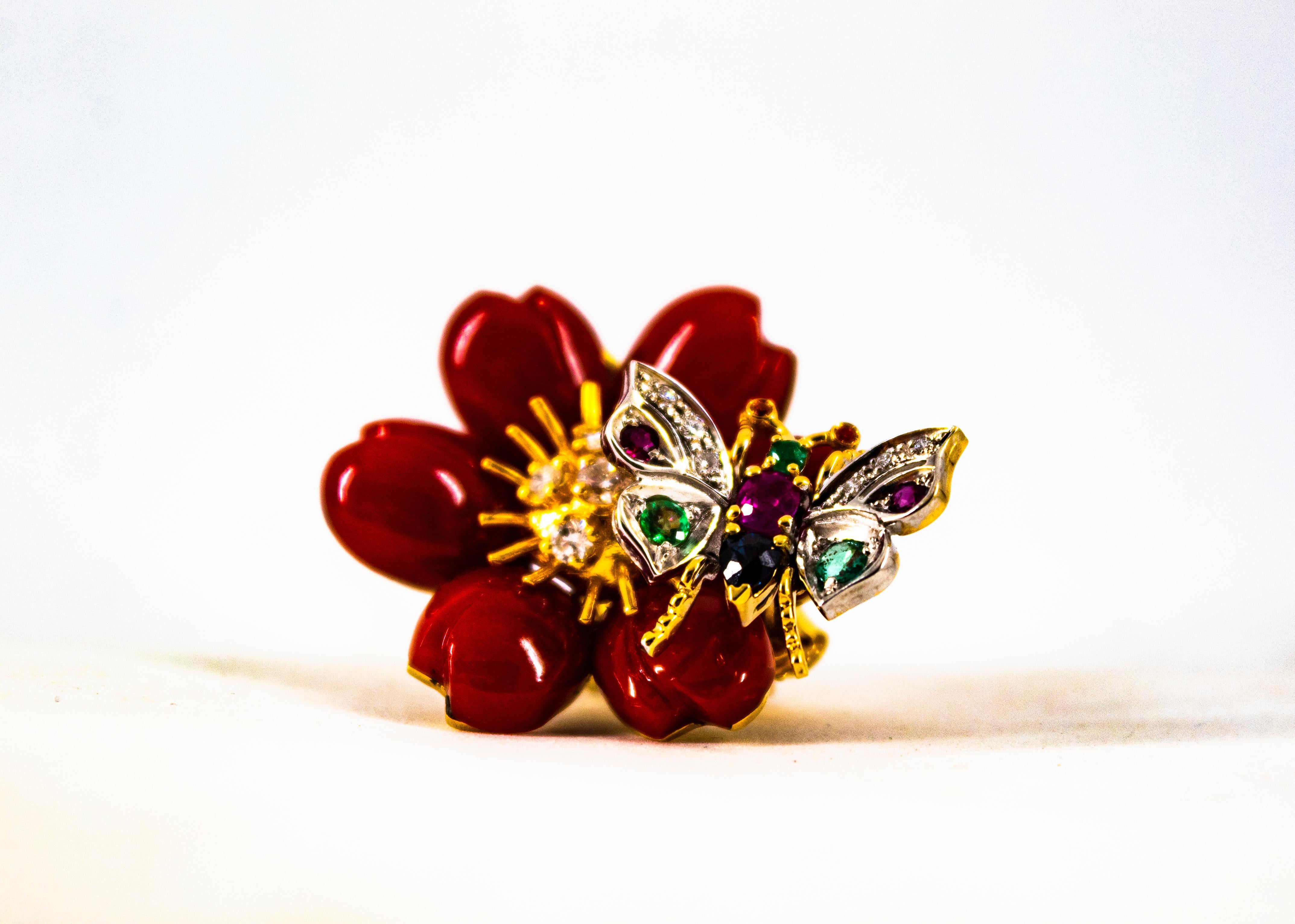 Brilliant Cut White Diamond Emerald Ruby Blue Sapphire Red Coral Yellow Gold Flowers Earrings For Sale