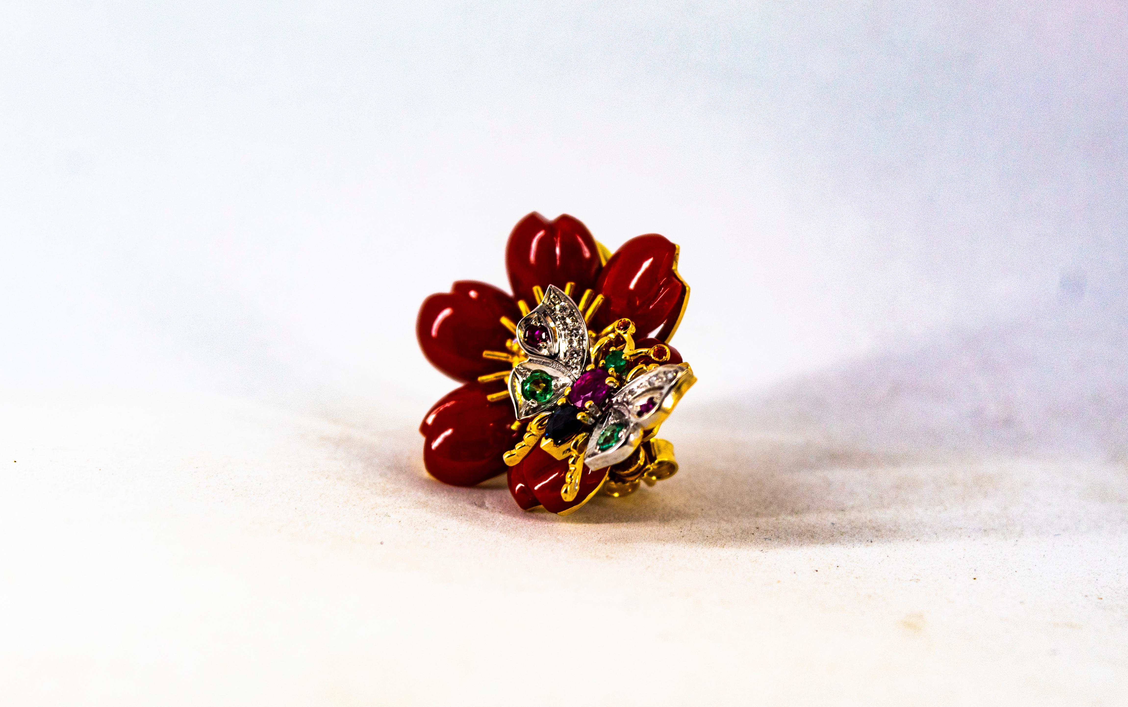 White Diamond Emerald Ruby Blue Sapphire Red Coral Yellow Gold Flowers Earrings In New Condition In Naples, IT