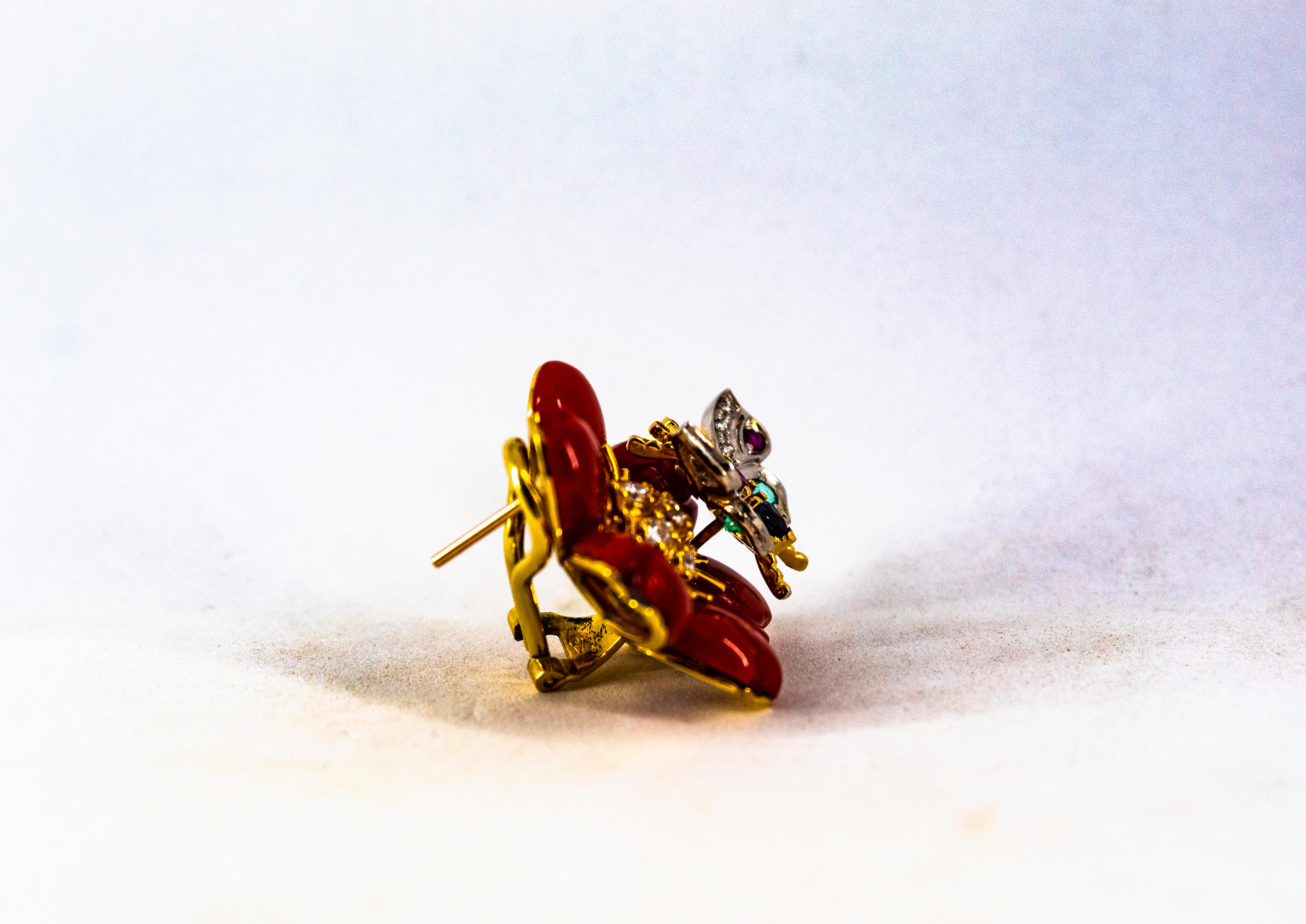 White Diamond Emerald Ruby Blue Sapphire Red Coral Yellow Gold Flowers Earrings For Sale 1