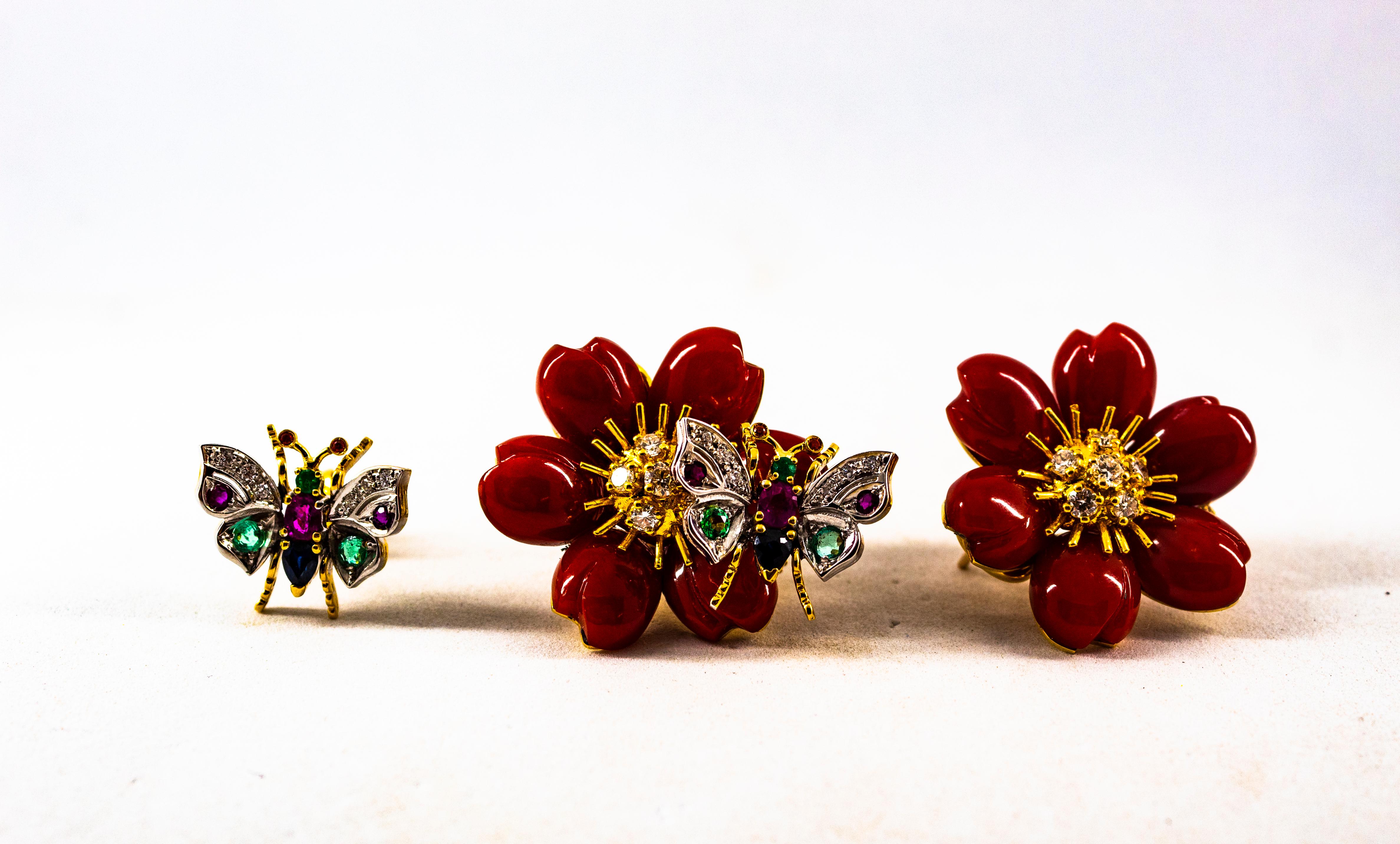 White Diamond Emerald Ruby Blue Sapphire Red Coral Yellow Gold Flowers Earrings For Sale 3