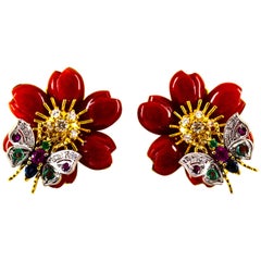 White Diamond Emerald Ruby Blue Sapphire Red Coral Yellow Gold Flowers Earrings