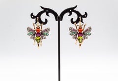 White Diamond Emerald Ruby Mediterranean Red Coral Peridot Yellow Gold Earrings