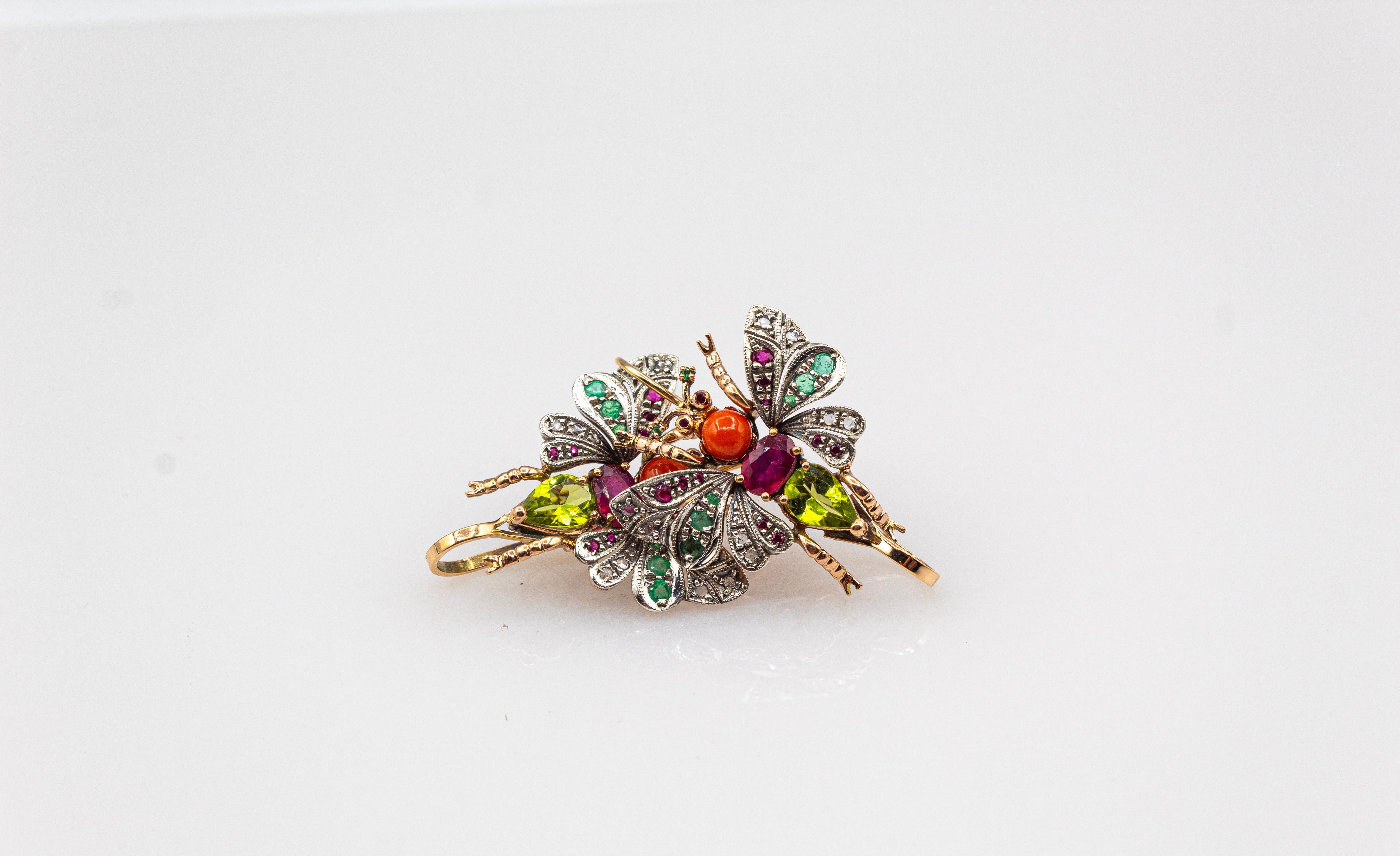 Boucles d'oreilles en or jaune avec diamant blanc, émeraude, rubis, corail rouge méditerranéen et péridot en vente 1