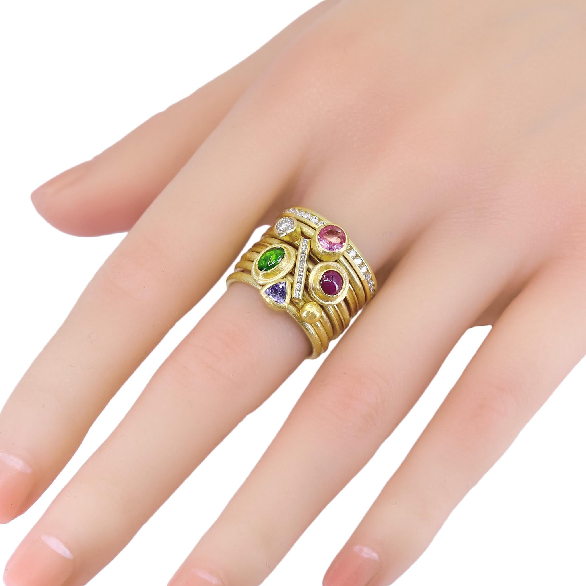 Artist White Diamond Emerald Ruby Pink Sapphire Tanzanite Gold Stacking Rings