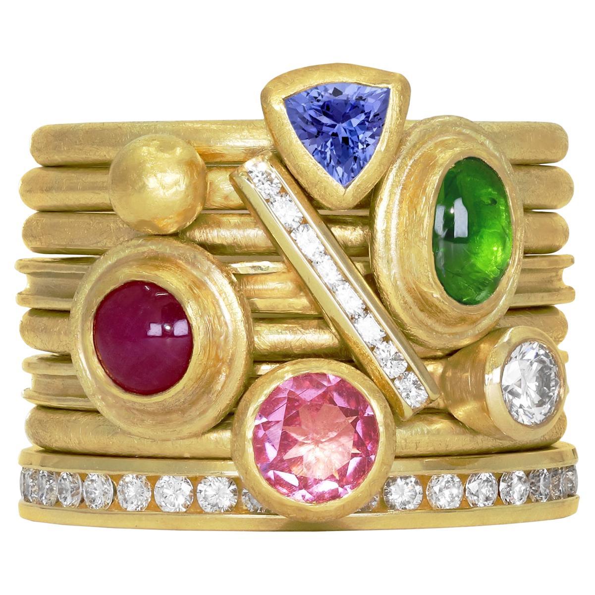 White Diamond Emerald Ruby Pink Sapphire Tanzanite Gold Stacking Rings