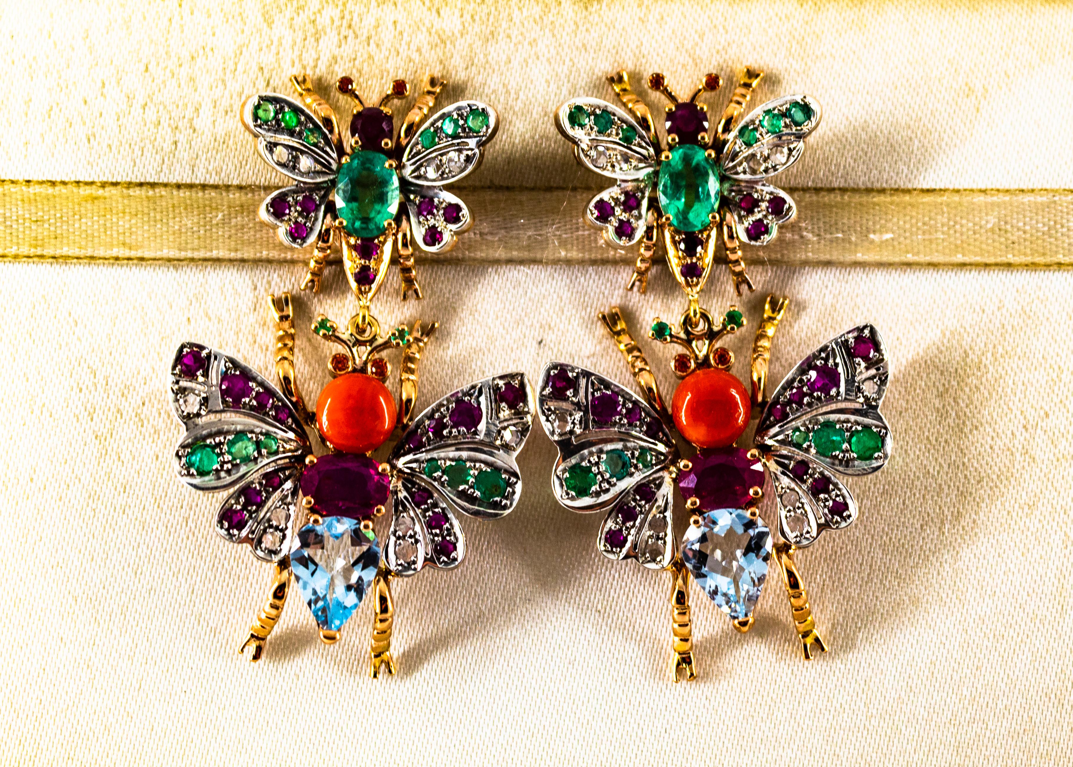 Weißer Diamant Smaragd Rubin Rote Koralle Aquamarin Gelbgold Tropfen Ohrstecker (Art nouveau) im Angebot