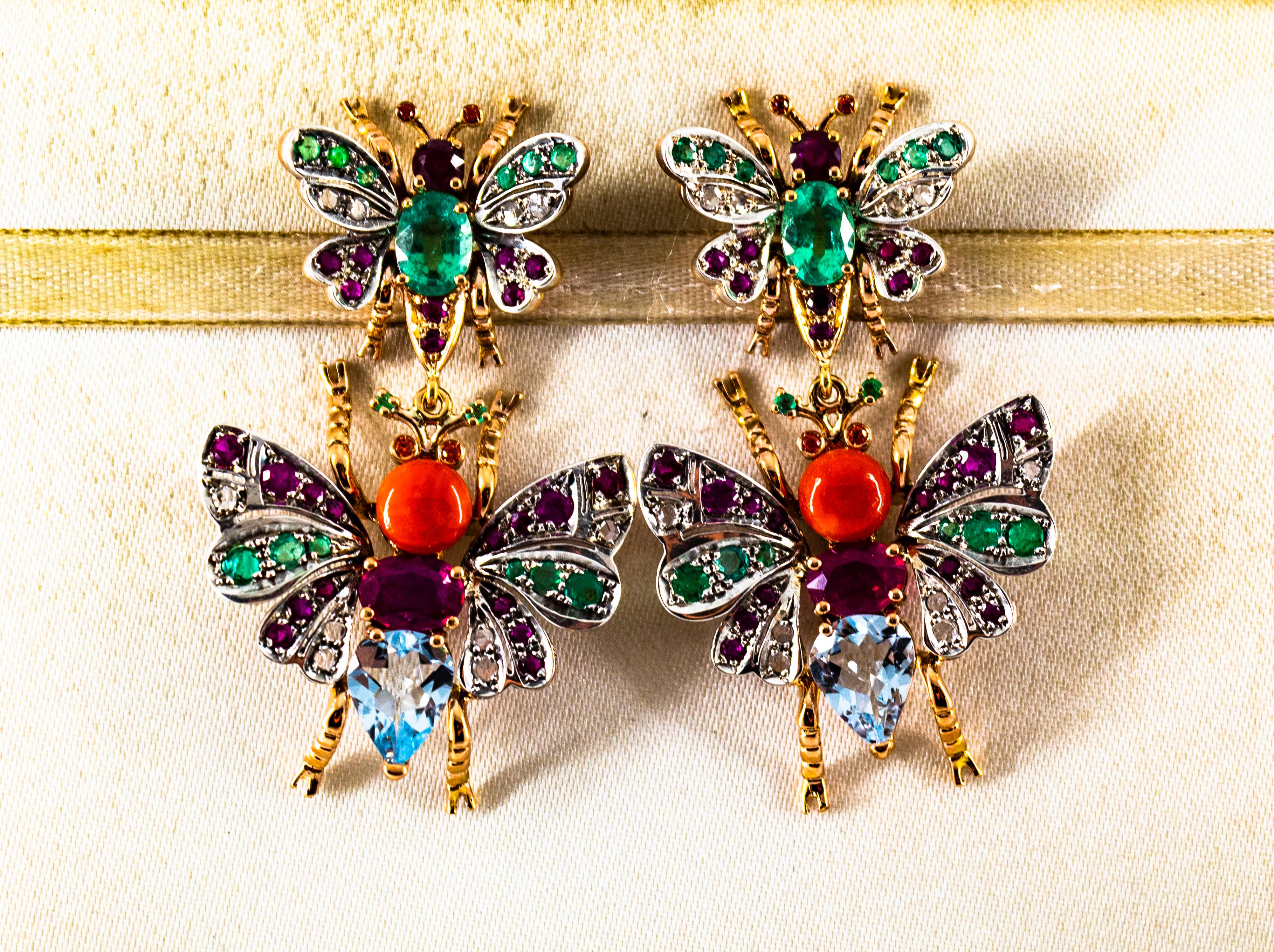 Art Nouveau White Diamond Emerald Ruby Red Coral Aquamarine Yellow Gold Drop Stud Earrings For Sale