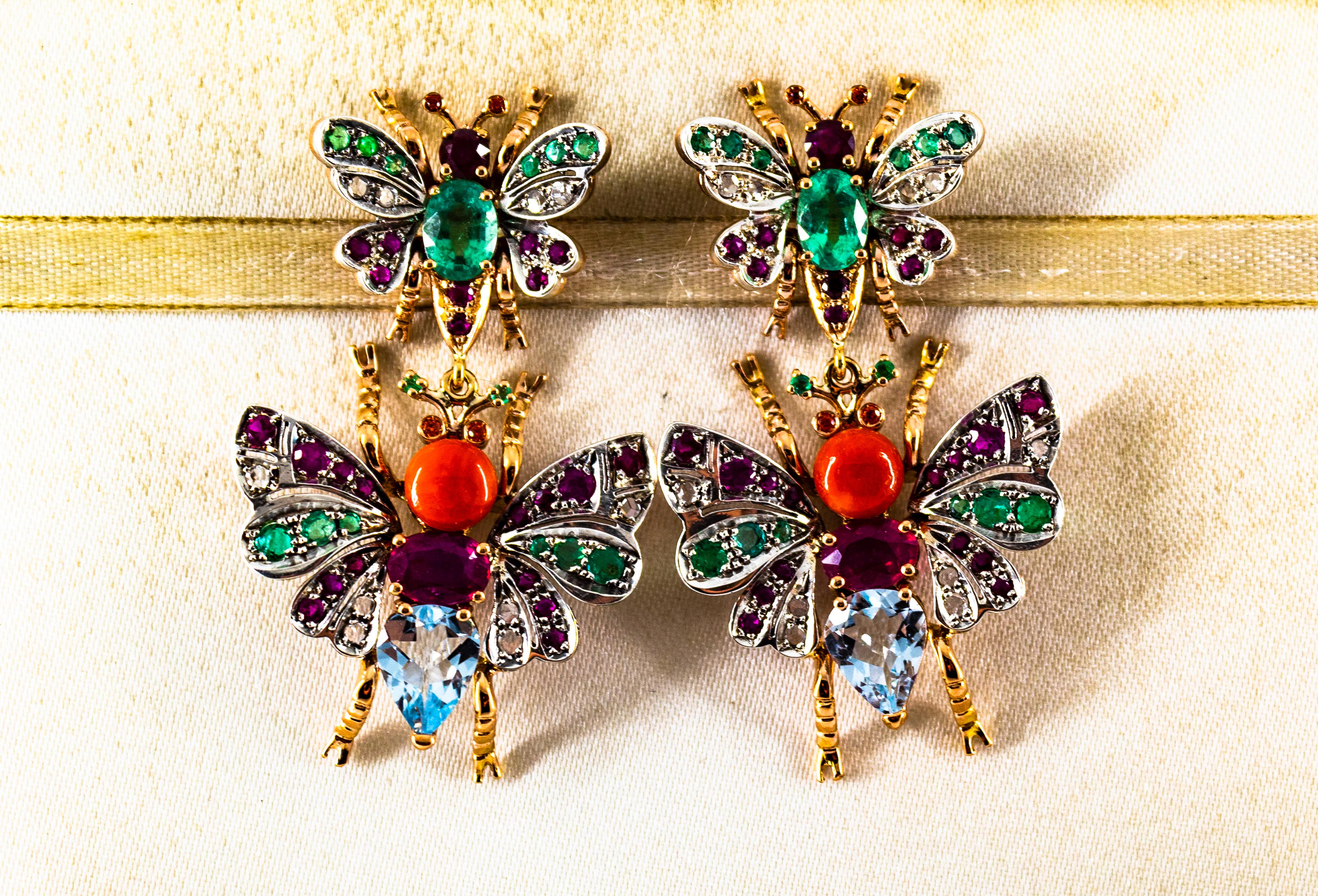 Weißer Diamant Smaragd Rubin Rote Koralle Aquamarin Gelbgold Tropfen Ohrstecker im Zustand „Neu“ im Angebot in Naples, IT
