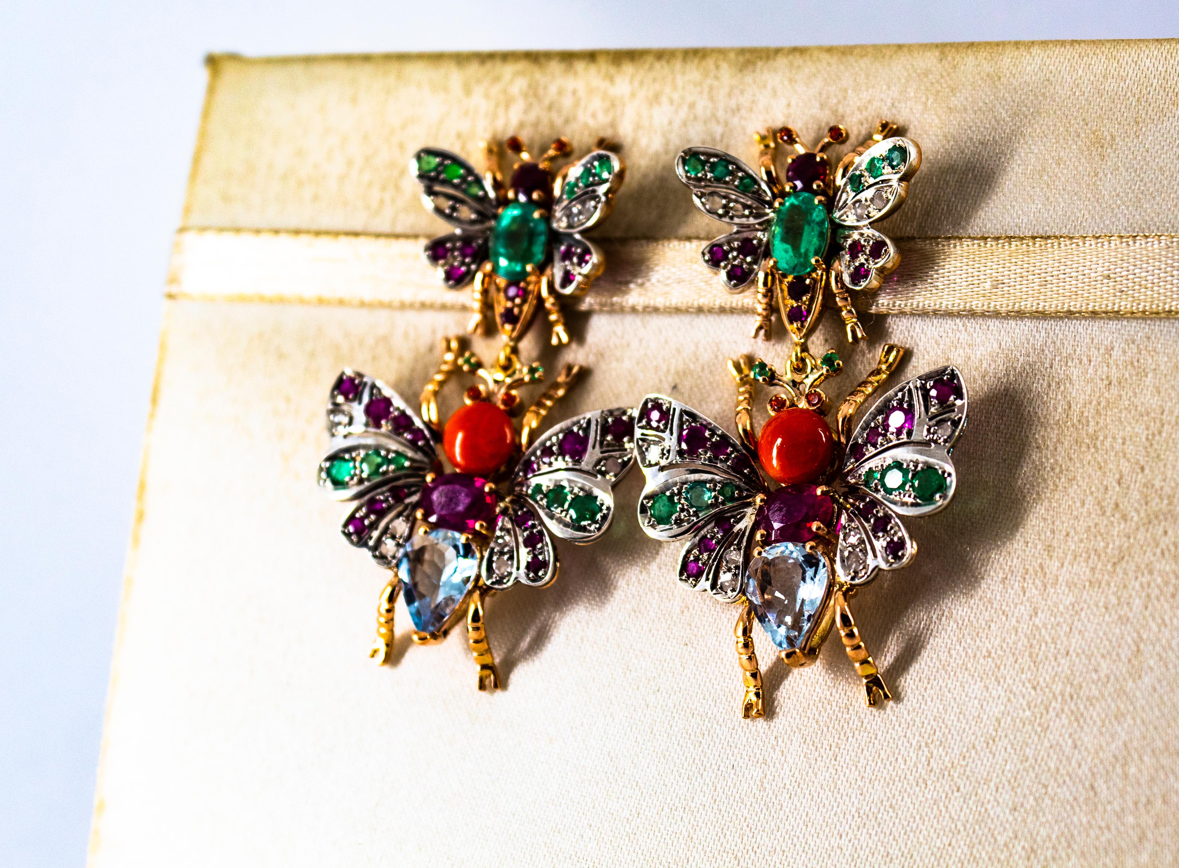 Clous d'oreilles en goutte en or jaune avec diamants blancs, émeraudes, rubis, corail rouge et aigue-marines en vente 1
