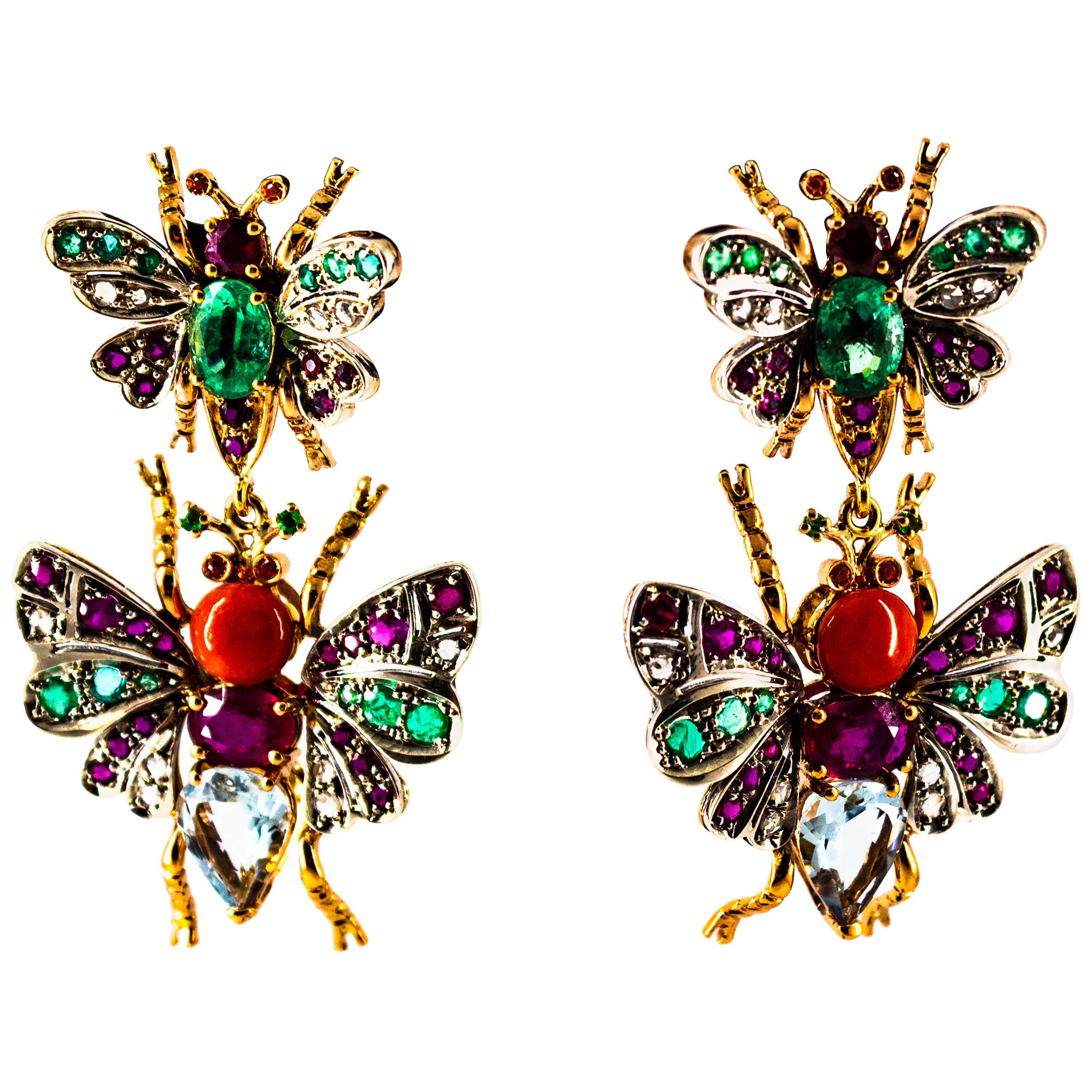 Weißer Diamant Smaragd Rubin Rote Koralle Aquamarin Gelbgold Tropfen Ohrstecker