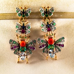 White Diamond Emerald Ruby Red Coral Sapphire Aquamarine Yellow Gold Earrings