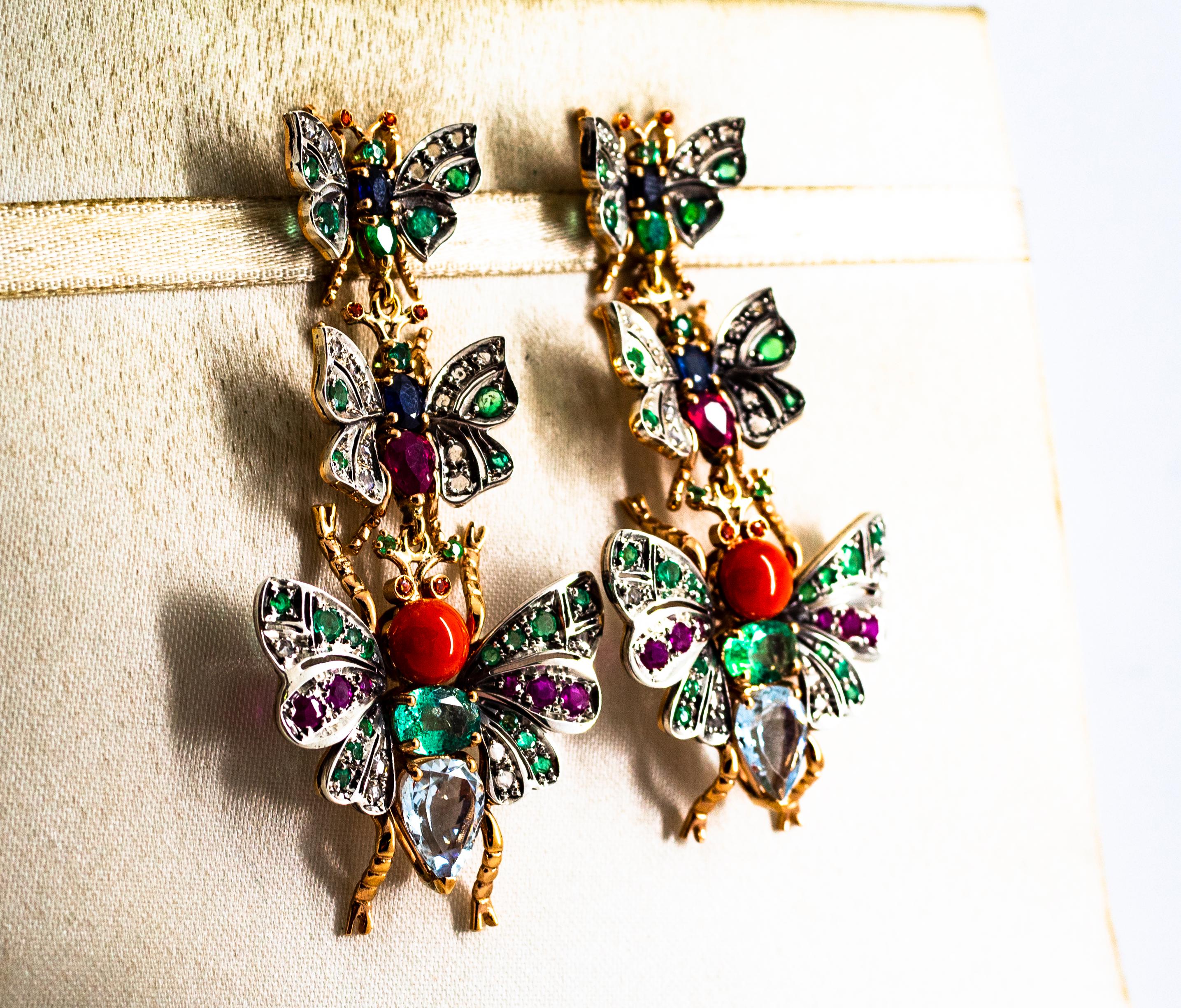 Art Nouveau White Diamond Emerald Ruby Red Coral Sapphire Aquamarine Yellow Gold Earrings For Sale