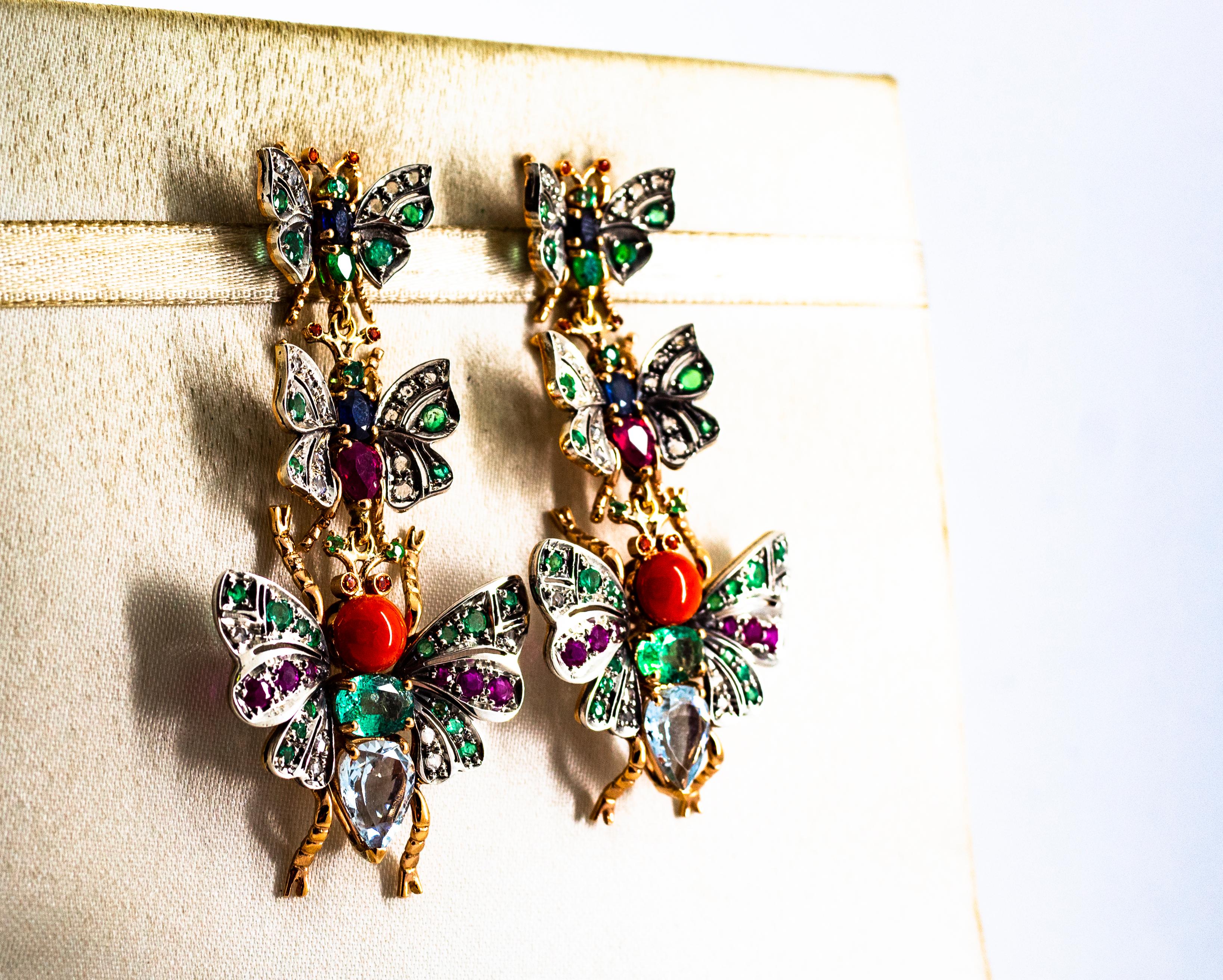 Rose Cut White Diamond Emerald Ruby Red Coral Sapphire Aquamarine Yellow Gold Earrings For Sale