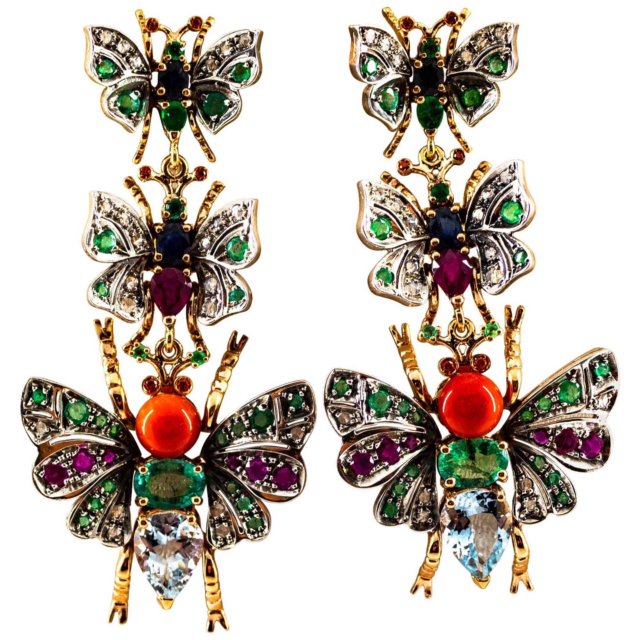 White Diamond Emerald Ruby Red Coral Sapphire Aquamarine Yellow Gold Earrings For Sale