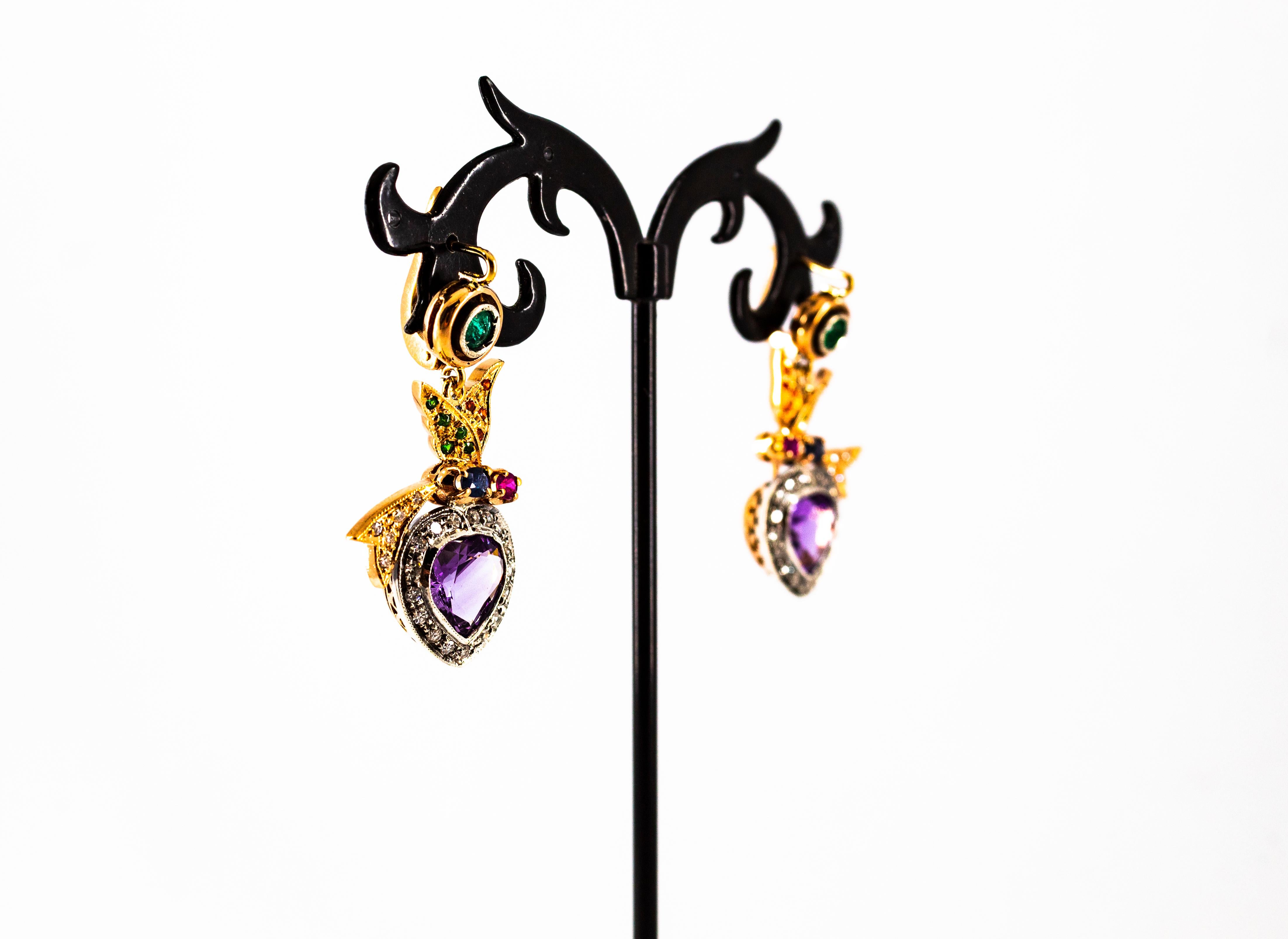 White Diamond Emerald Ruby Sapphire Amethyst Yellow Gold Lever-Back Earrings For Sale 3