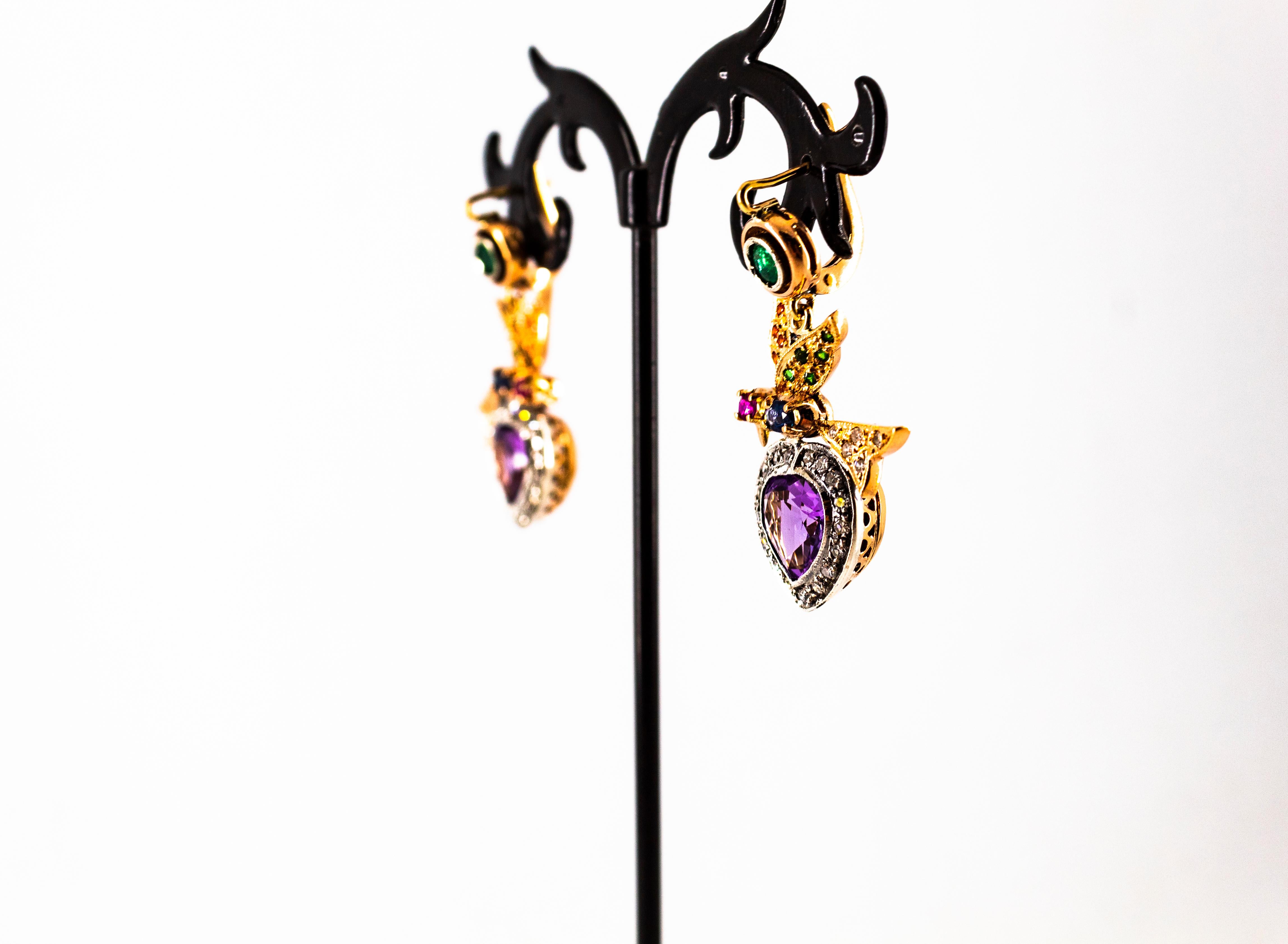 Boucles d'oreilles à levier en or jaune diamant blanc émeraude rubis saphir améthyste en vente 6