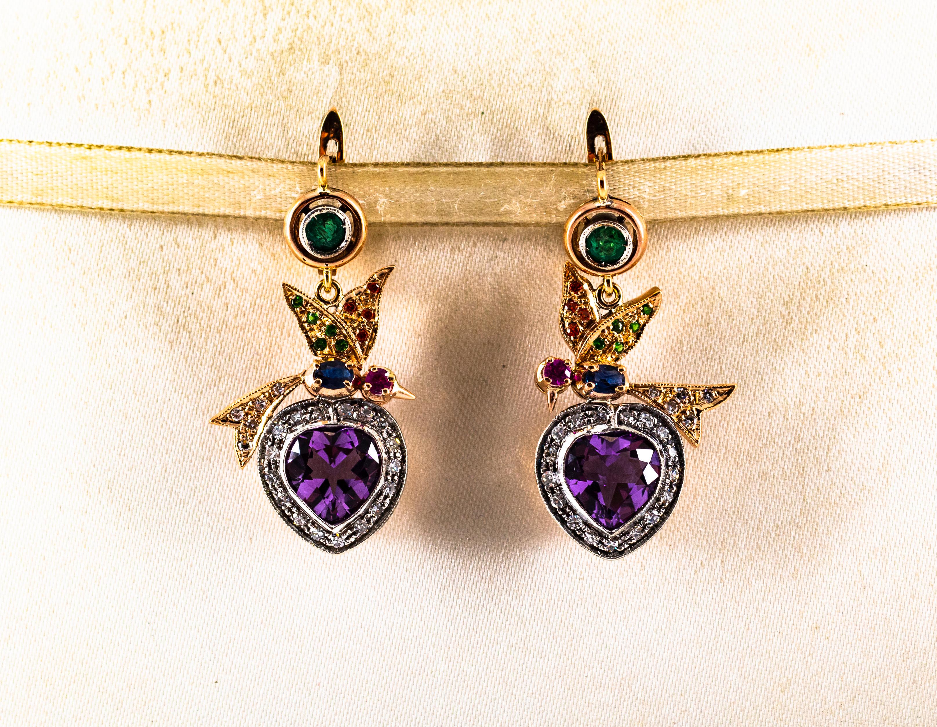 Renaissance White Diamond Emerald Ruby Sapphire Amethyst Yellow Gold Lever-Back Earrings For Sale