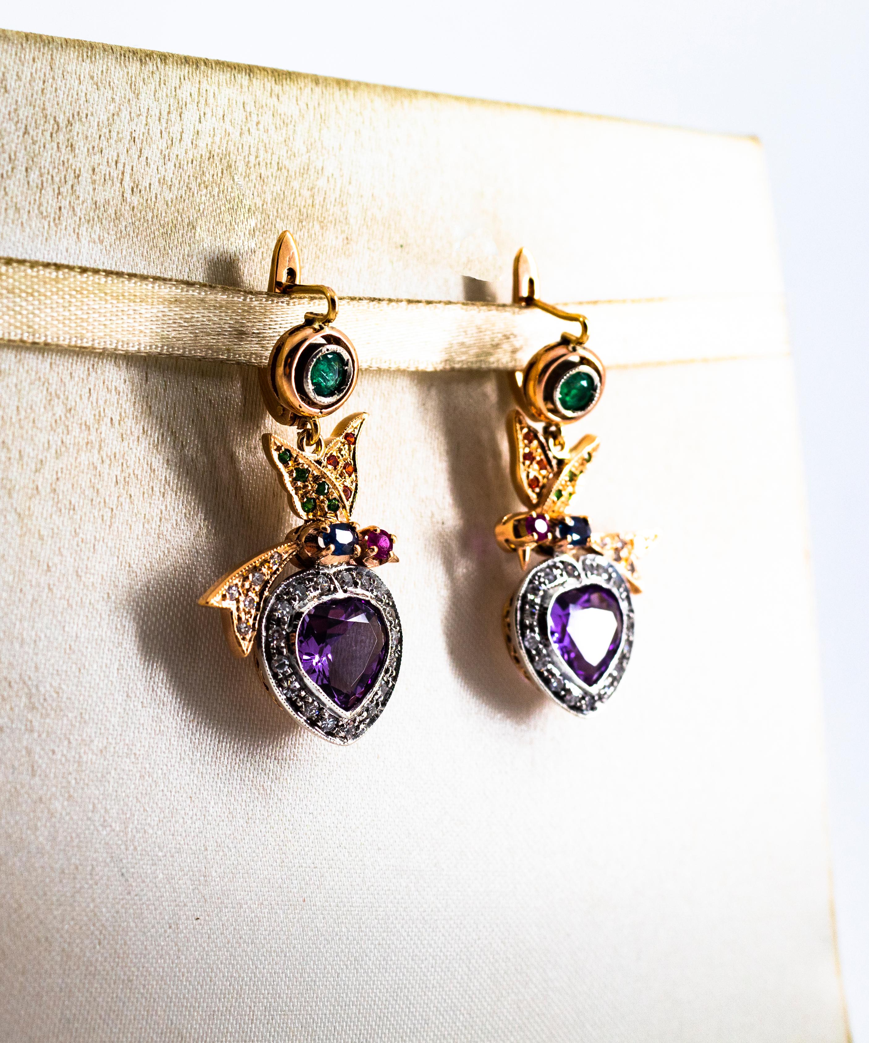 Mixed Cut White Diamond Emerald Ruby Sapphire Amethyst Yellow Gold Lever-Back Earrings For Sale