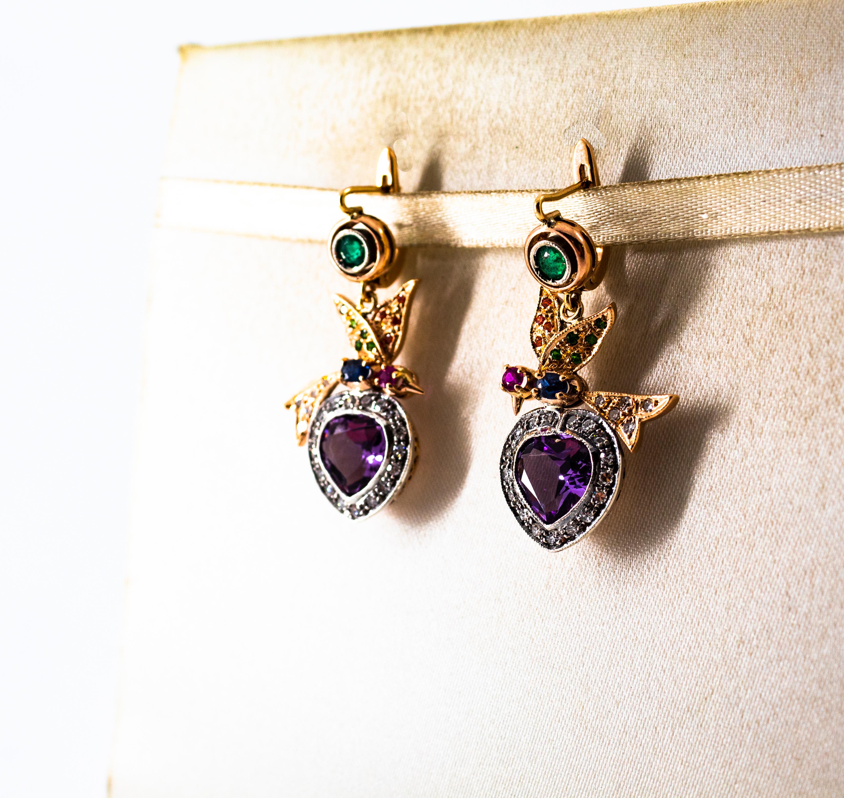 White Diamond Emerald Ruby Sapphire Amethyst Yellow Gold Lever-Back Earrings In New Condition For Sale In Naples, IT
