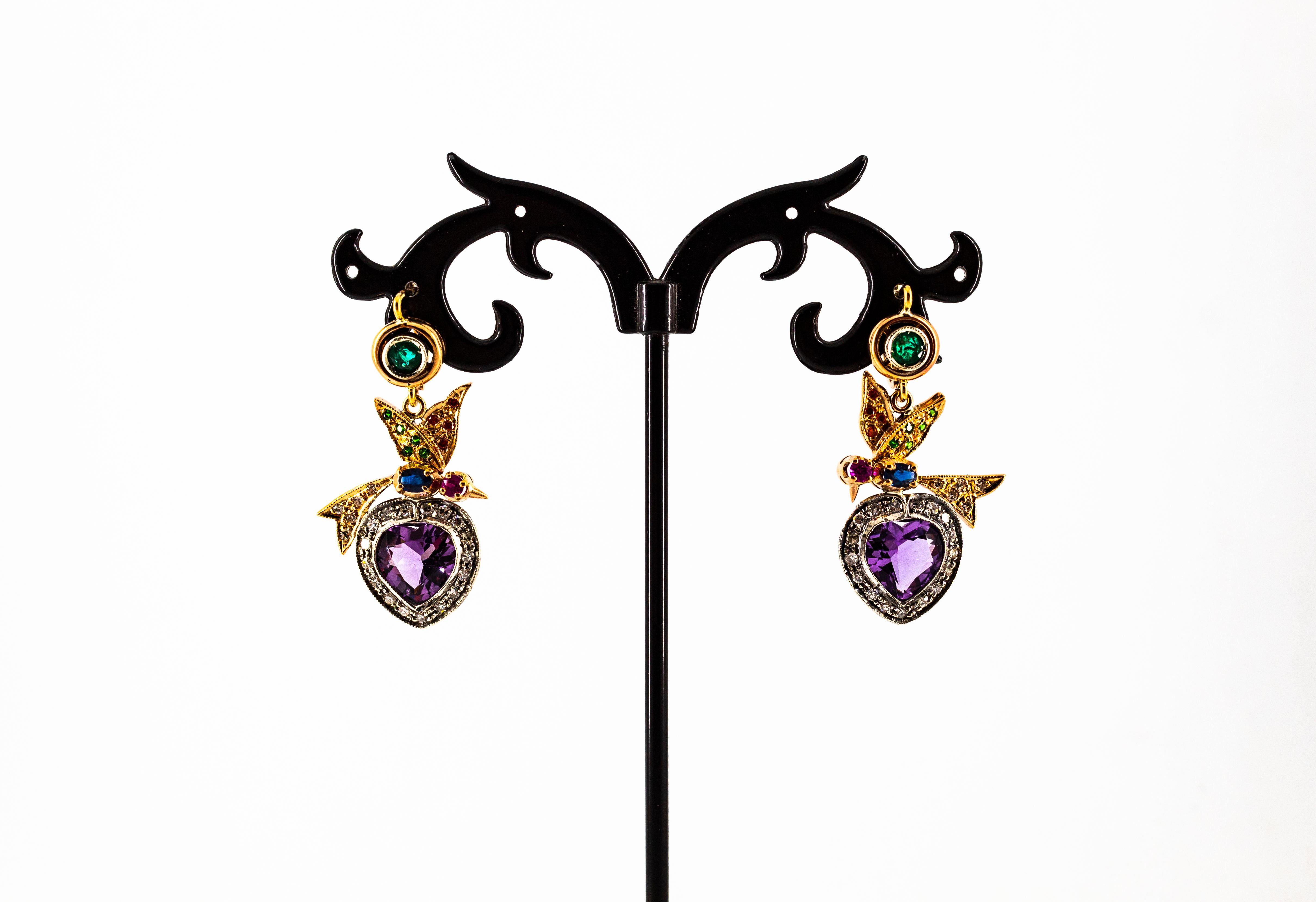 Women's or Men's White Diamond Emerald Ruby Sapphire Amethyst Yellow Gold Lever-Back Earrings For Sale