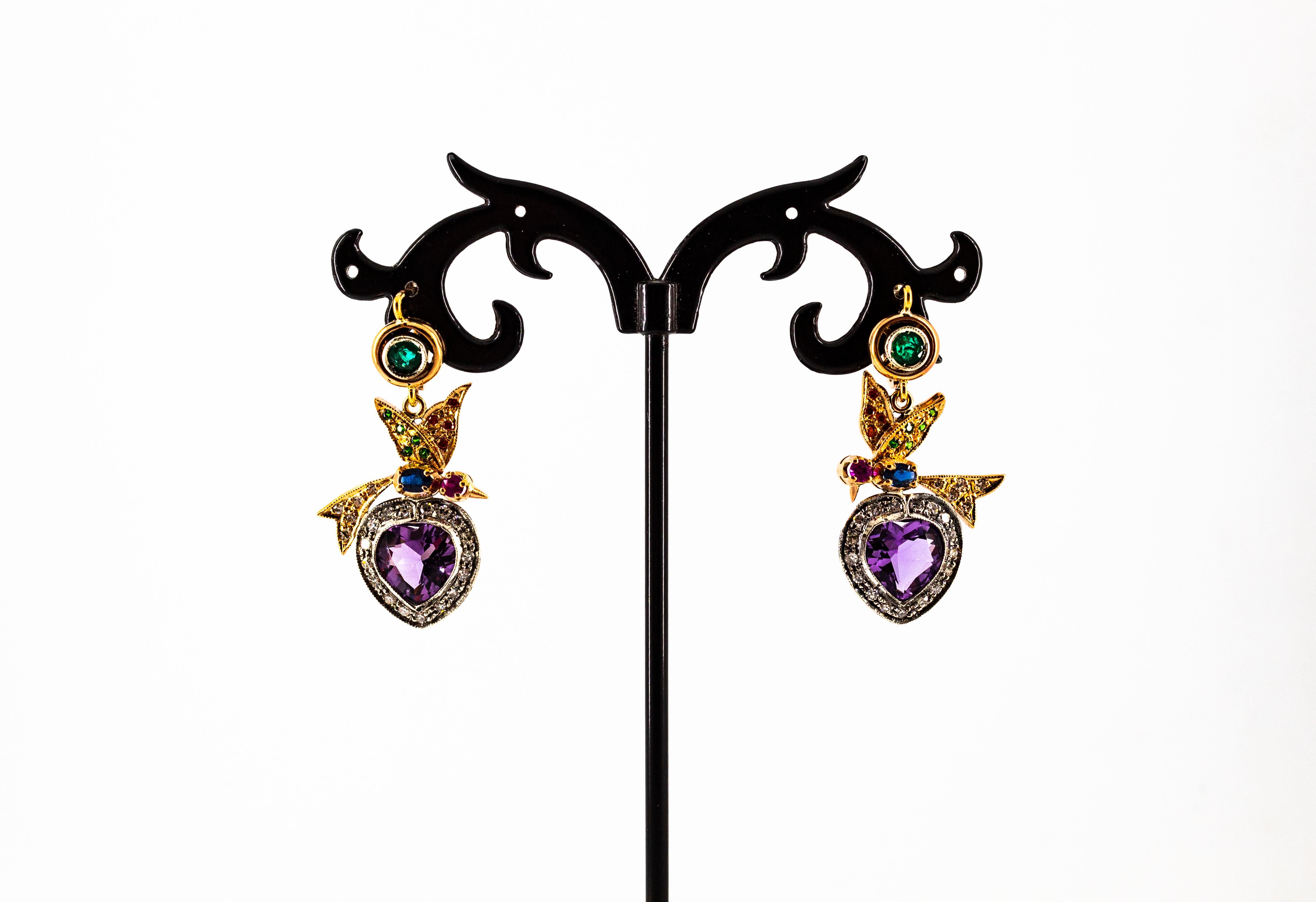 Boucles d'oreilles à levier en or jaune diamant blanc émeraude rubis saphir améthyste en vente 1